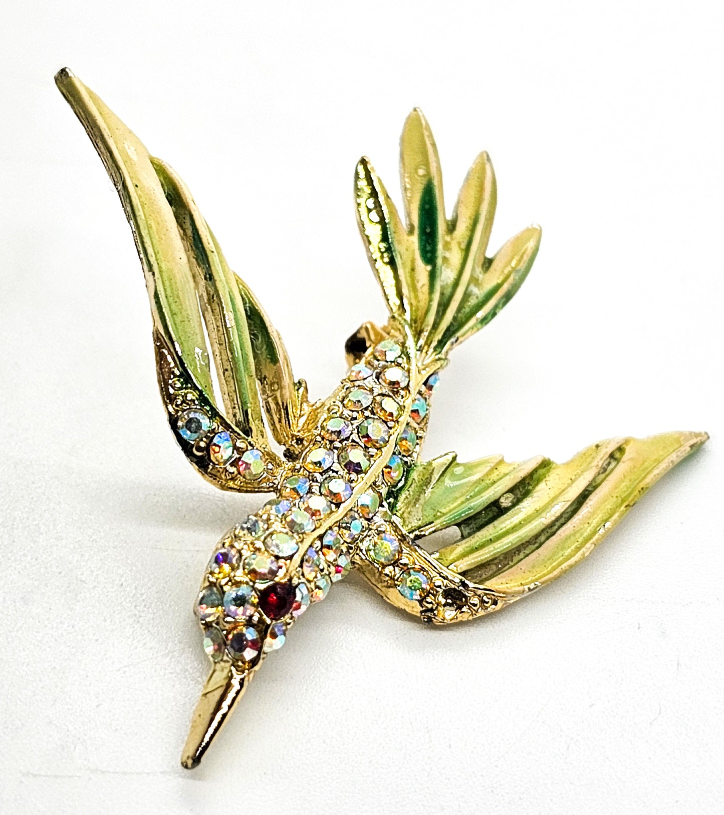 Flying hummingbird enamel and aurora borealis vintage rhinestone brooch