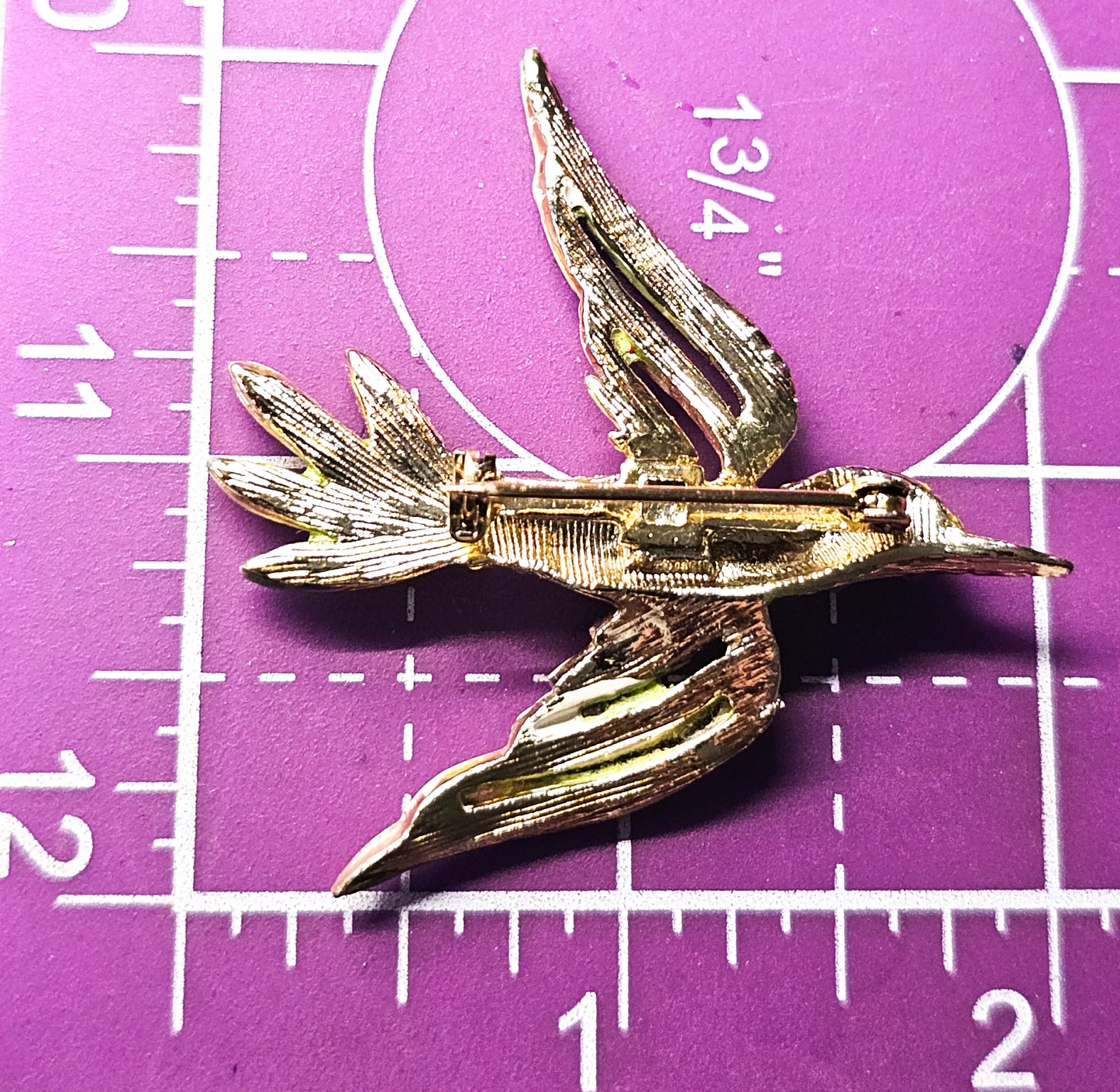 Flying hummingbird enamel and aurora borealis vintage rhinestone brooch