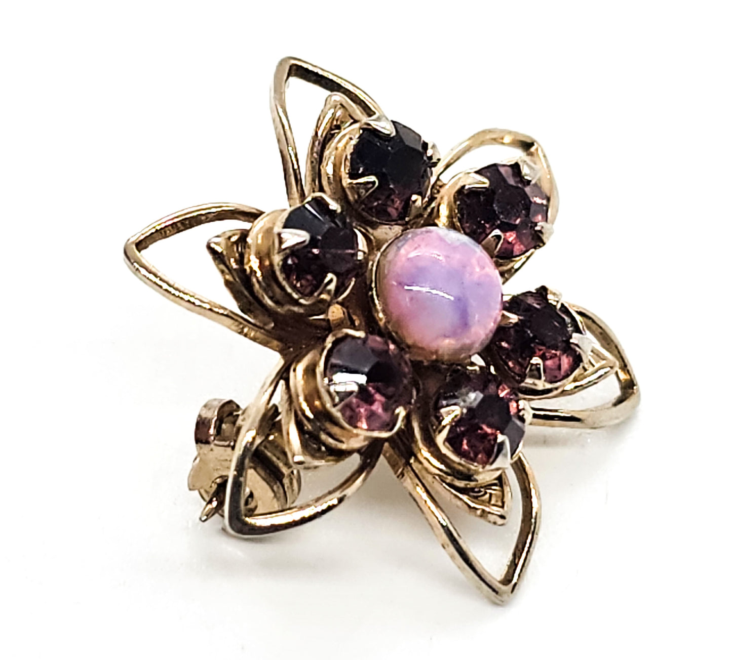 Opal Dichroic glass and purple rhinestone vintage flower brooch
