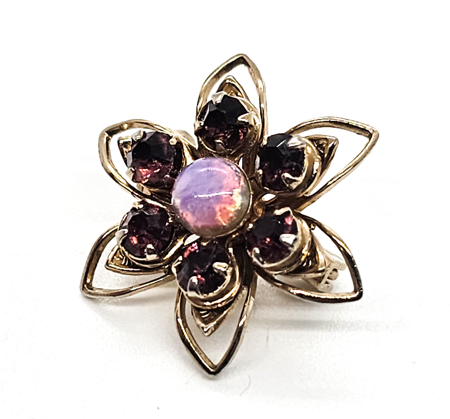 Opal Dichroic glass and purple rhinestone vintage flower brooch