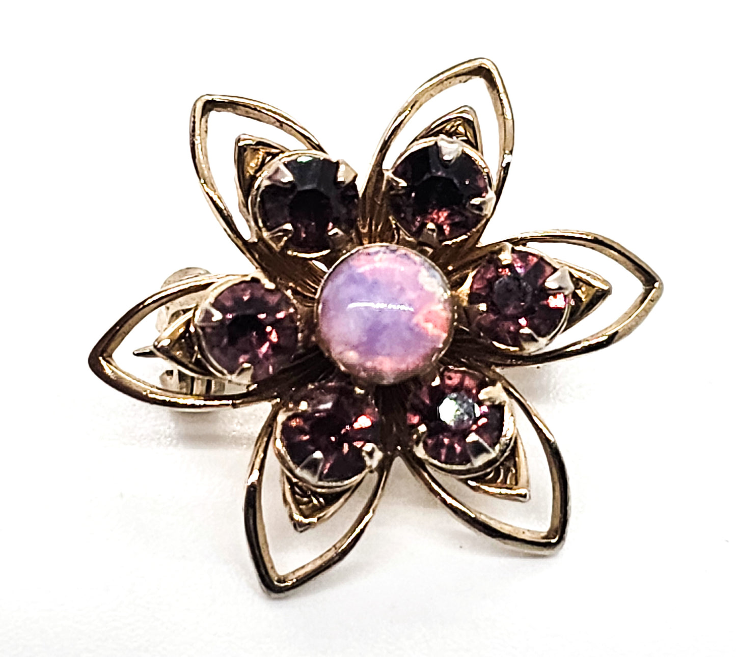 Opal Dichroic glass and purple rhinestone vintage flower brooch