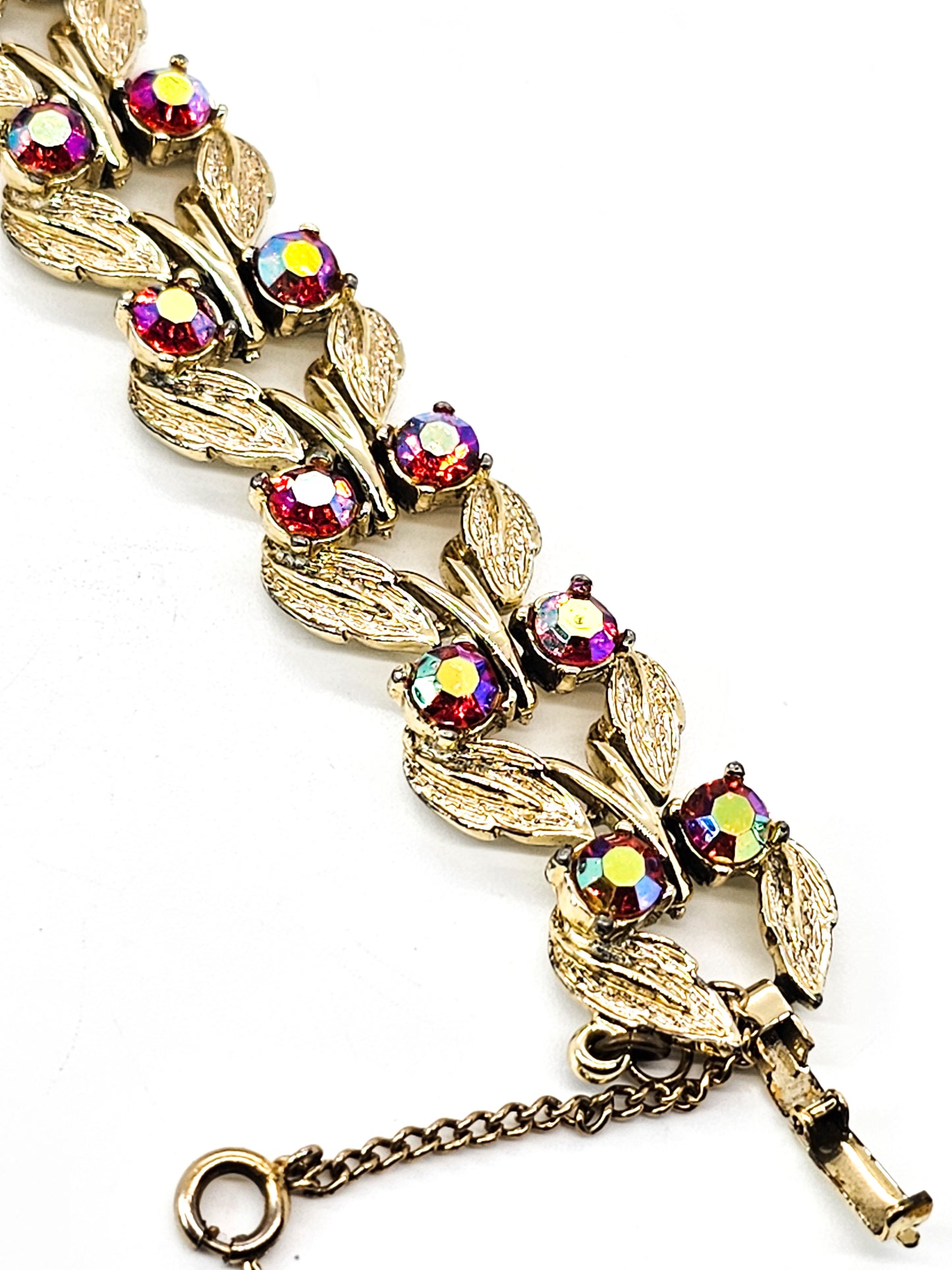 Red and Gold Aurora Borealis gold toned leaf mid century bracelet