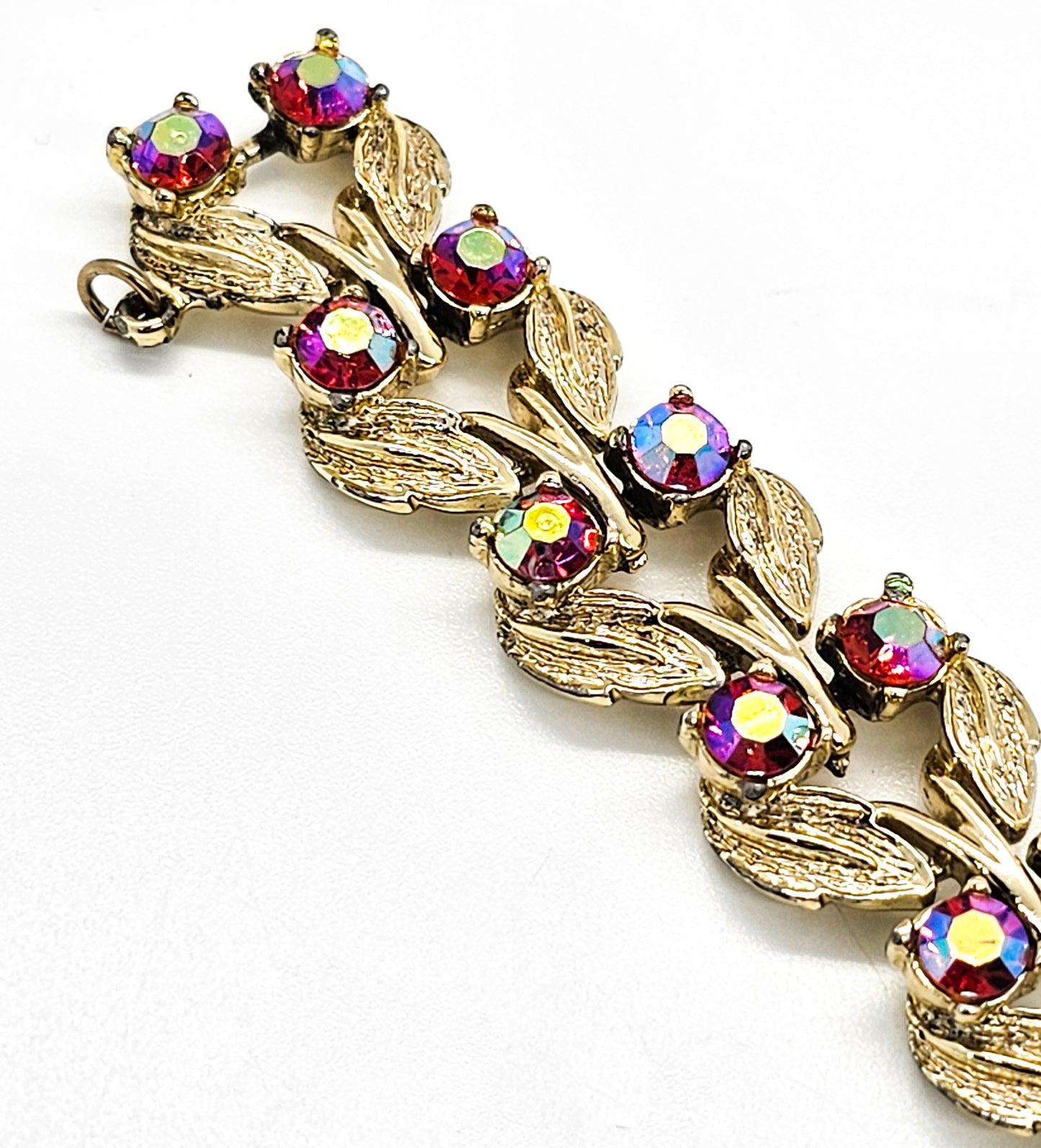 Red and Gold Aurora Borealis gold toned leaf mid century bracelet