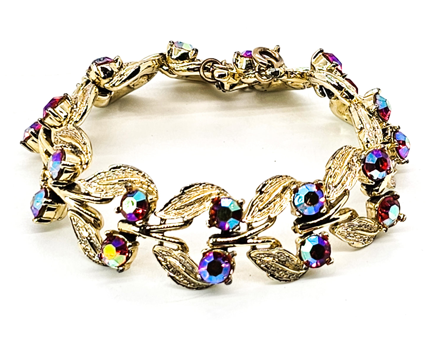 Red and Gold Aurora Borealis gold toned leaf mid century bracelet