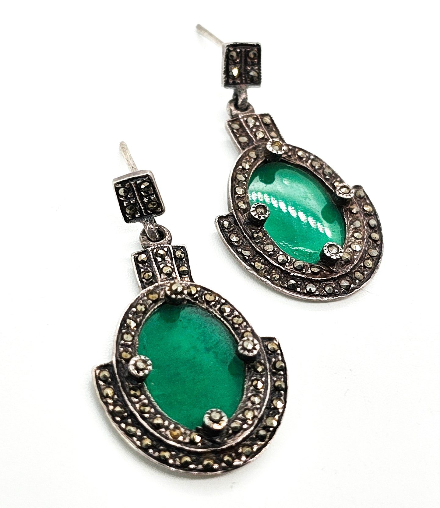 Art Deco Green Chalcedony and marcasite vintage sterling silver drop earrings
