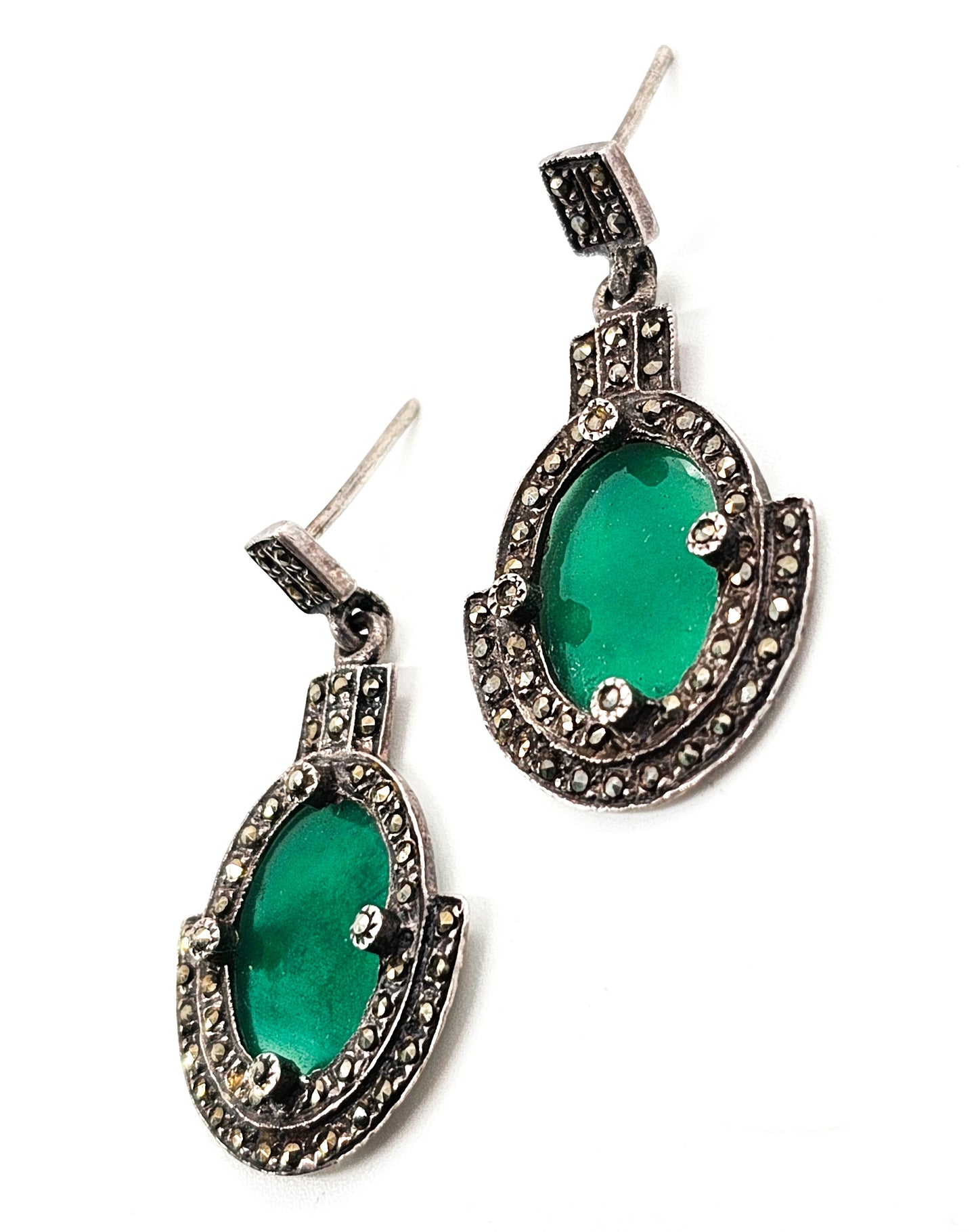 Art Deco Green Chalcedony and marcasite vintage sterling silver drop earrings