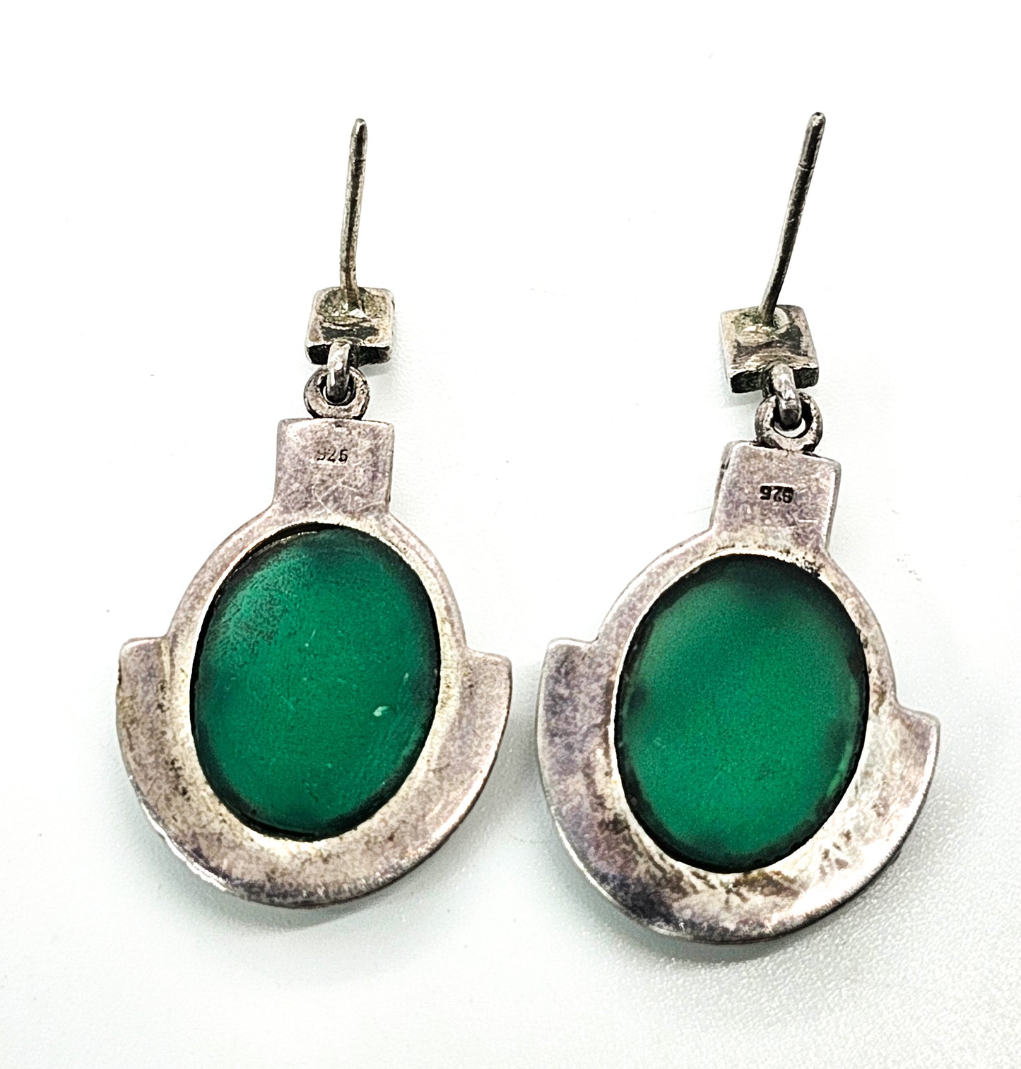 Art Deco Green Chalcedony and marcasite vintage sterling silver drop earrings