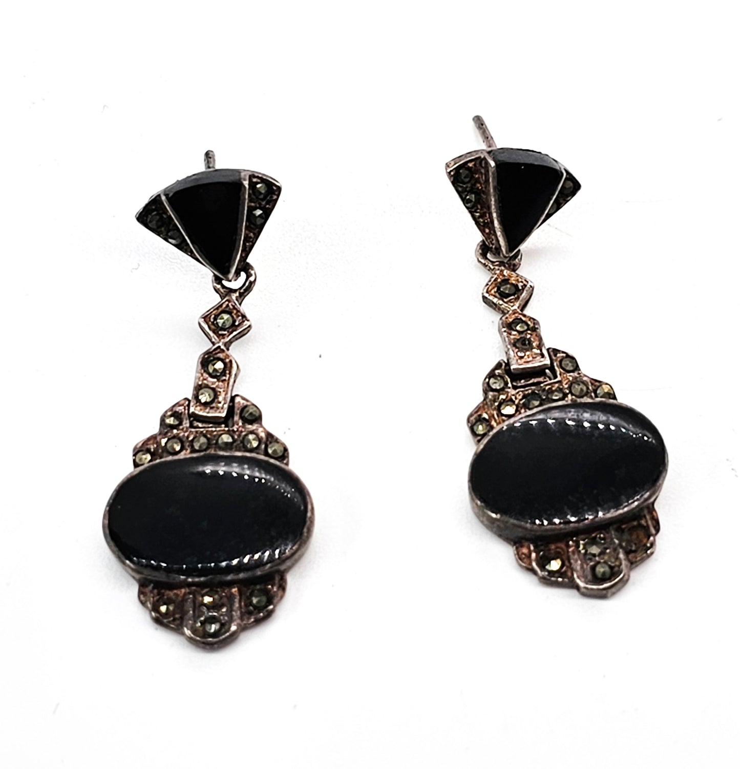 Art Deco Onyx and marcasite long vintage sterling silver earrings