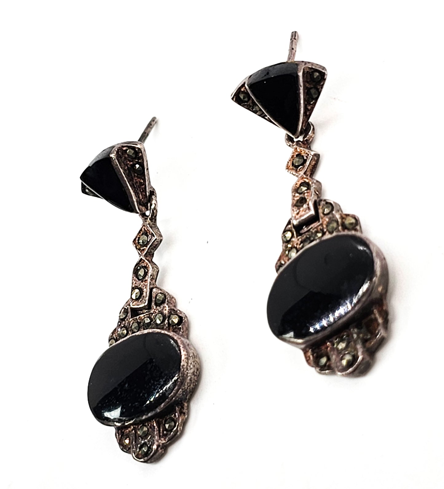 Art Deco Onyx and marcasite long vintage sterling silver earrings