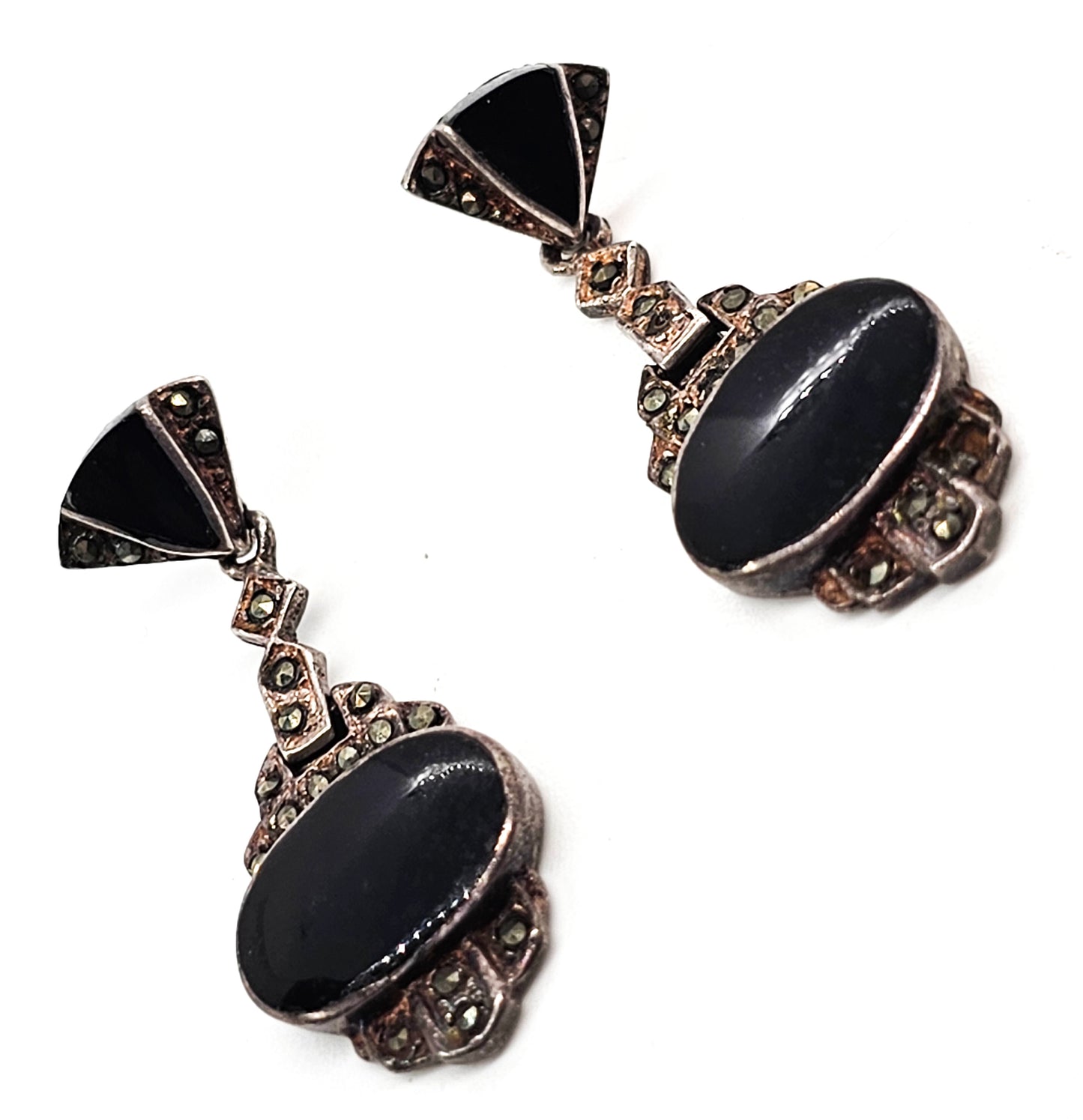 Art Deco Onyx and marcasite long vintage sterling silver earrings