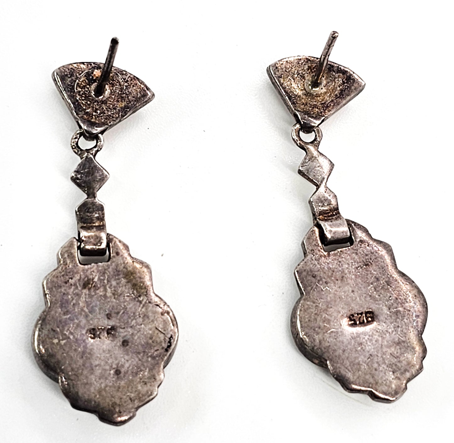 Art Deco Onyx and marcasite long vintage sterling silver earrings