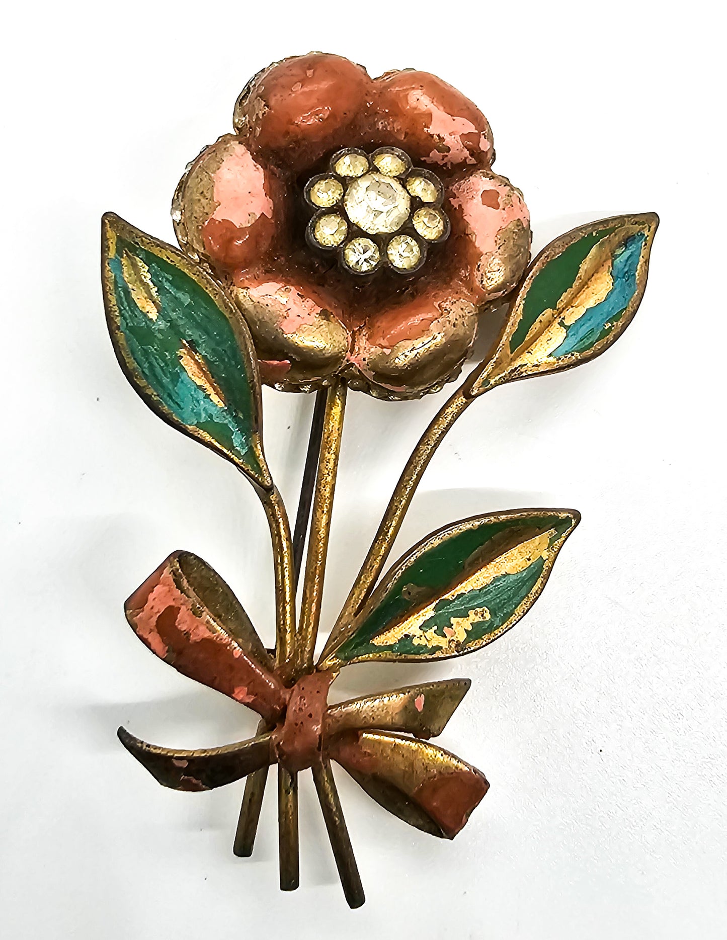 Coro Trembler Art Deco flower with ribbon vintage rhinestone brooch