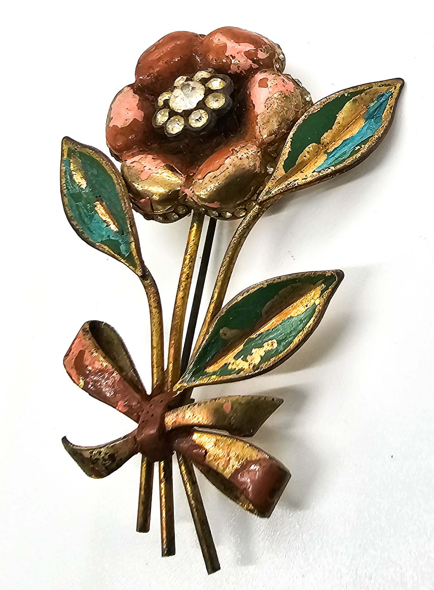 Coro Trembler Art Deco flower with ribbon vintage rhinestone brooch