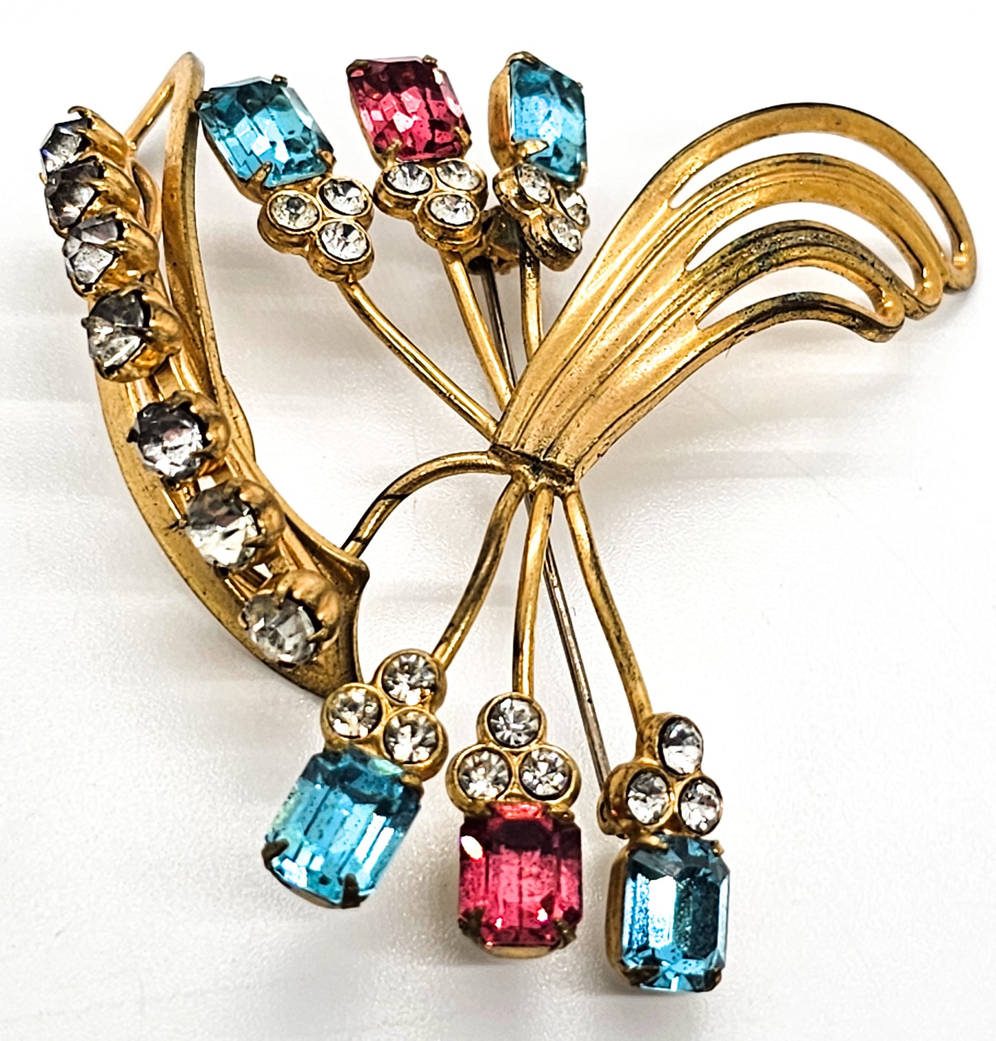Gold filled pink and aqua blue vintage rhinestone spray brooch