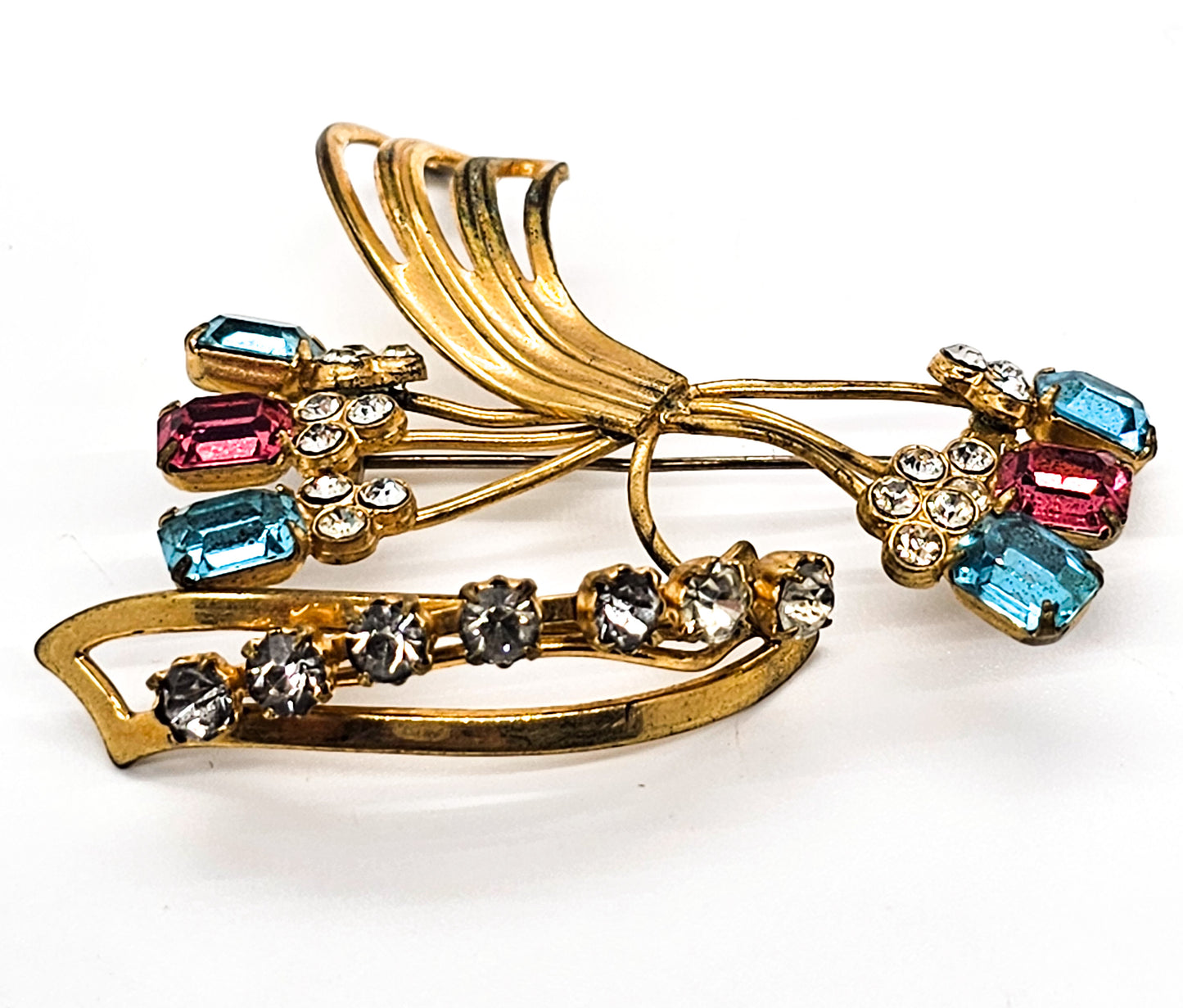 Gold filled pink and aqua blue vintage rhinestone spray brooch