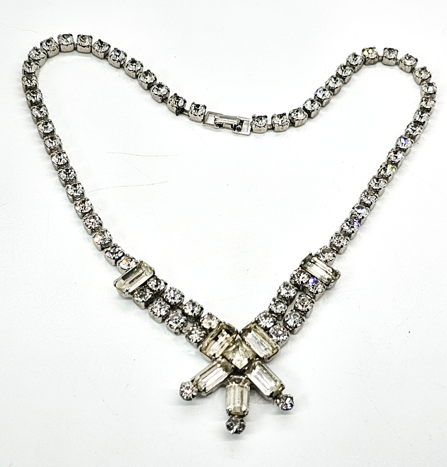 Clear princess cut rhinestone vintage mid century choker necklace
