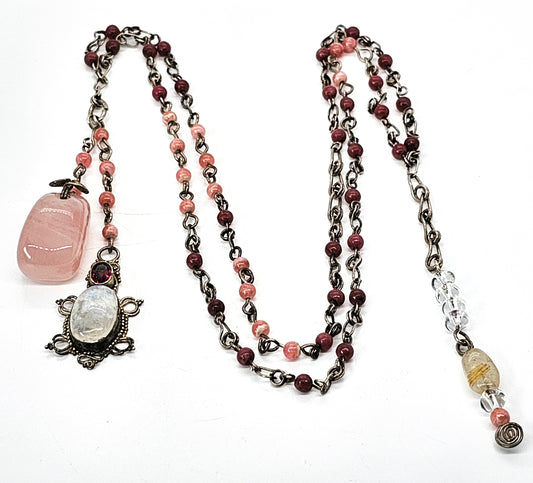 Moonstone rhodochrosite Rose quartz sterling silver artisan long necklace