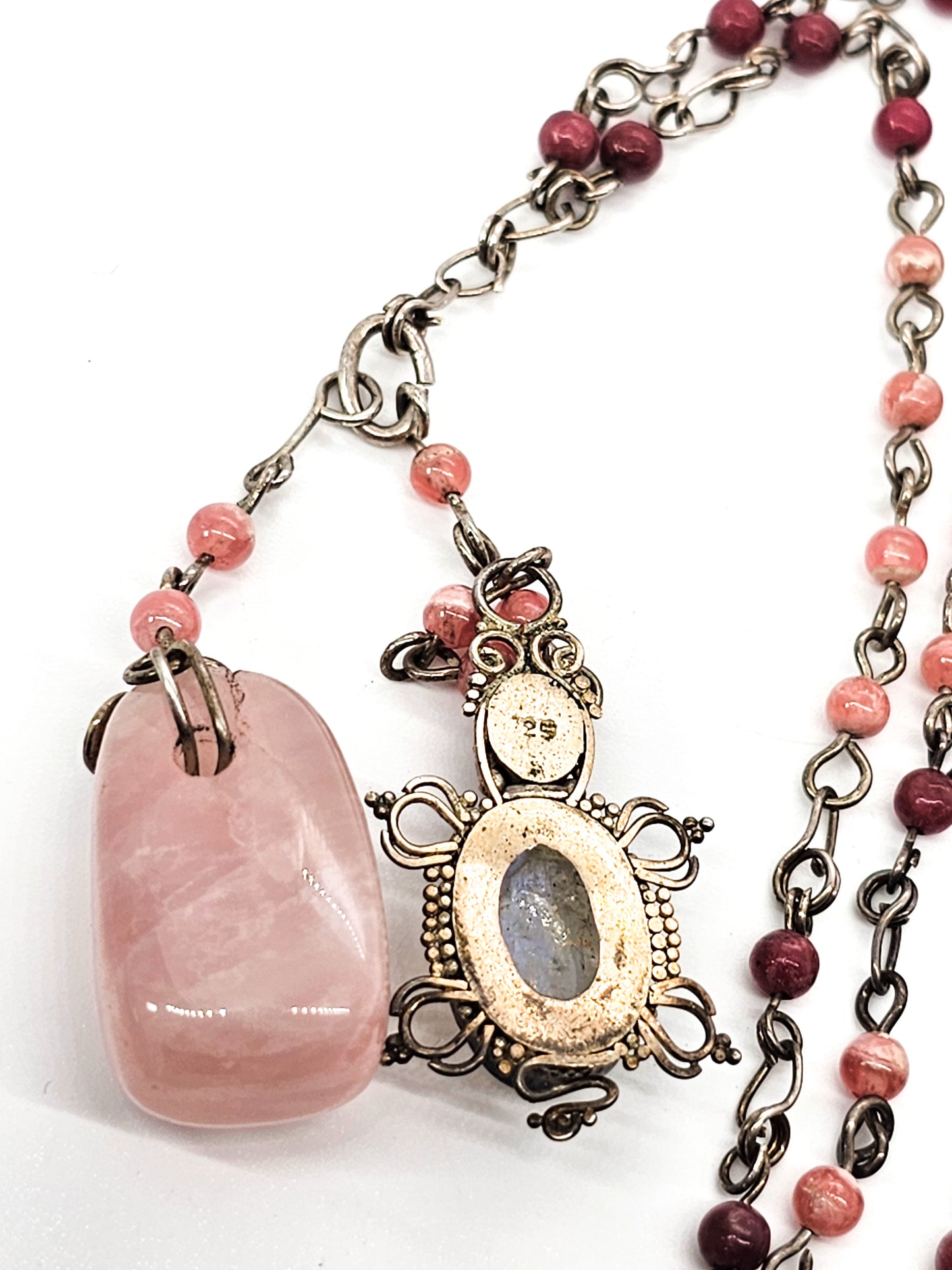Moonstone rhodochrosite Rose quartz sterling silver artisan long necklace