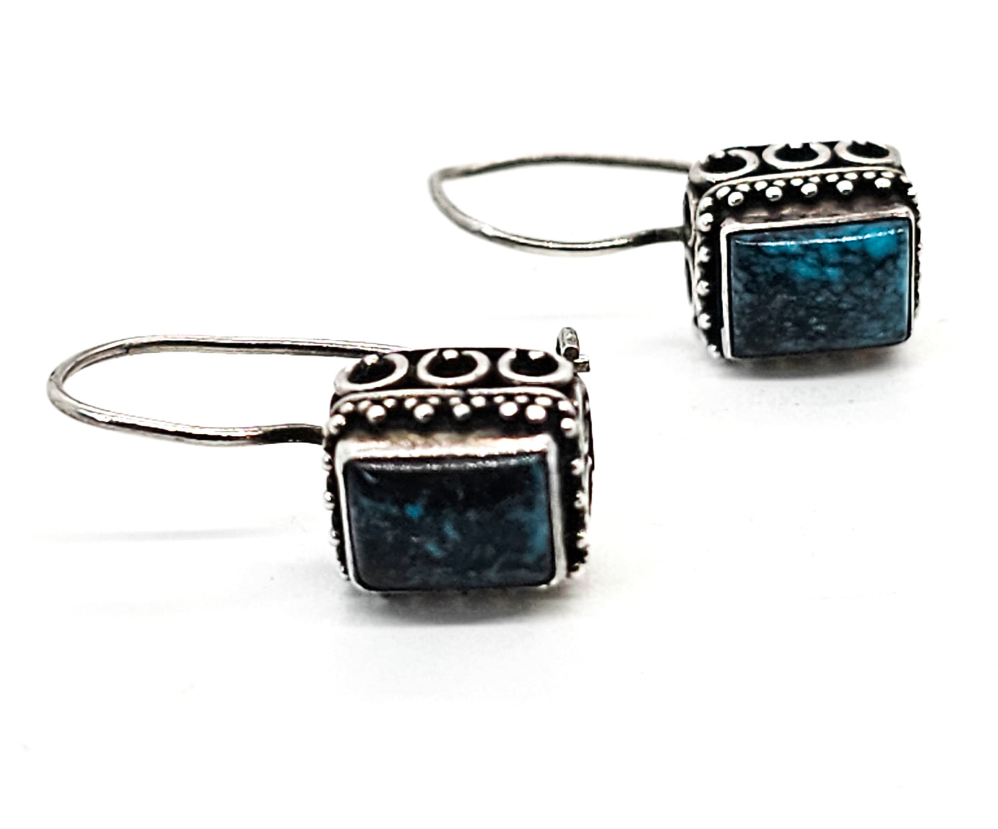 Turquois Bali Balinese style black and blue gemstone sterling silver earrings