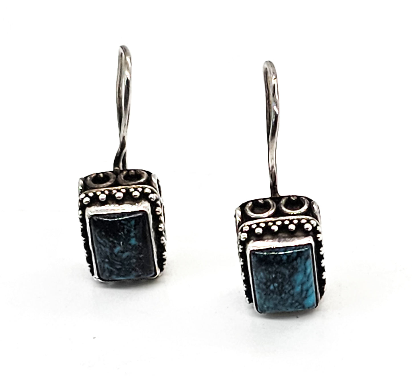 Turquois Bali Balinese style black and blue gemstone sterling silver earrings