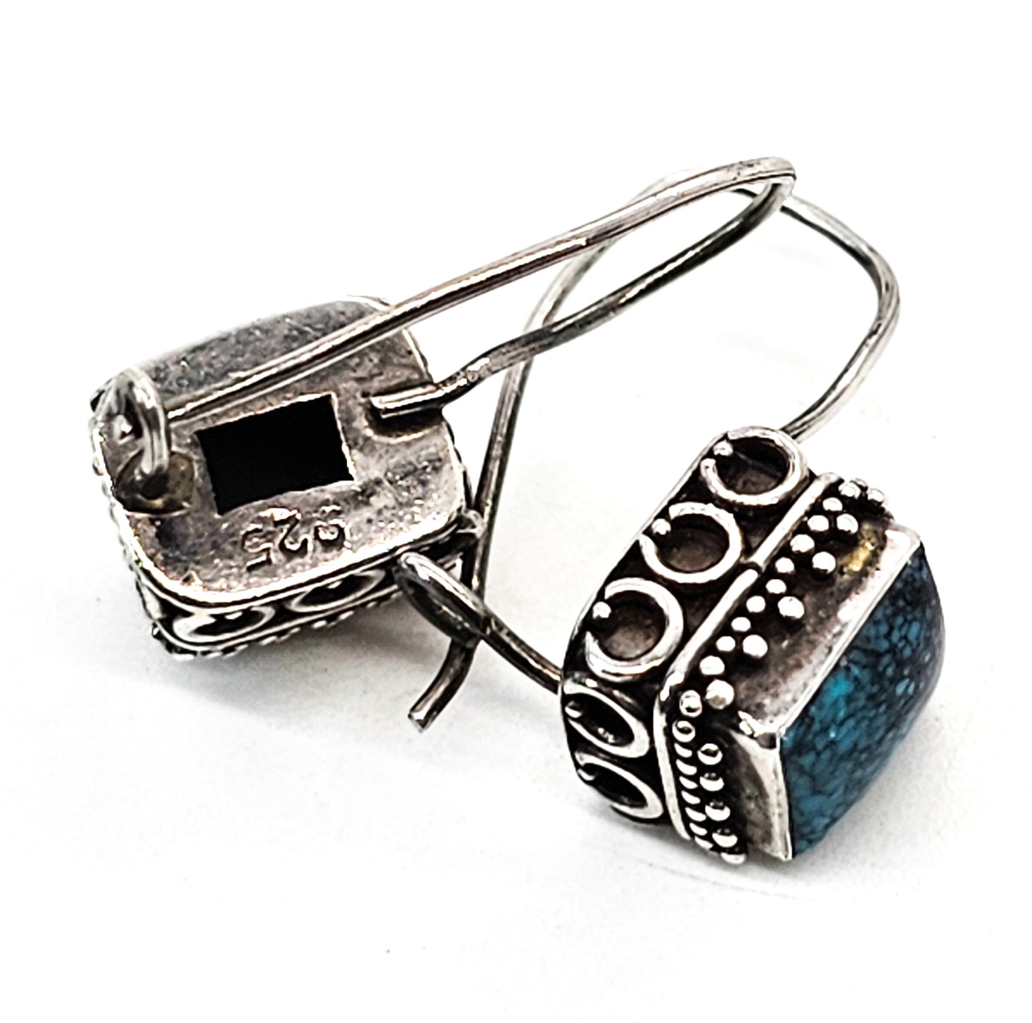 Turquois Bali Balinese style black and blue gemstone sterling silver earrings