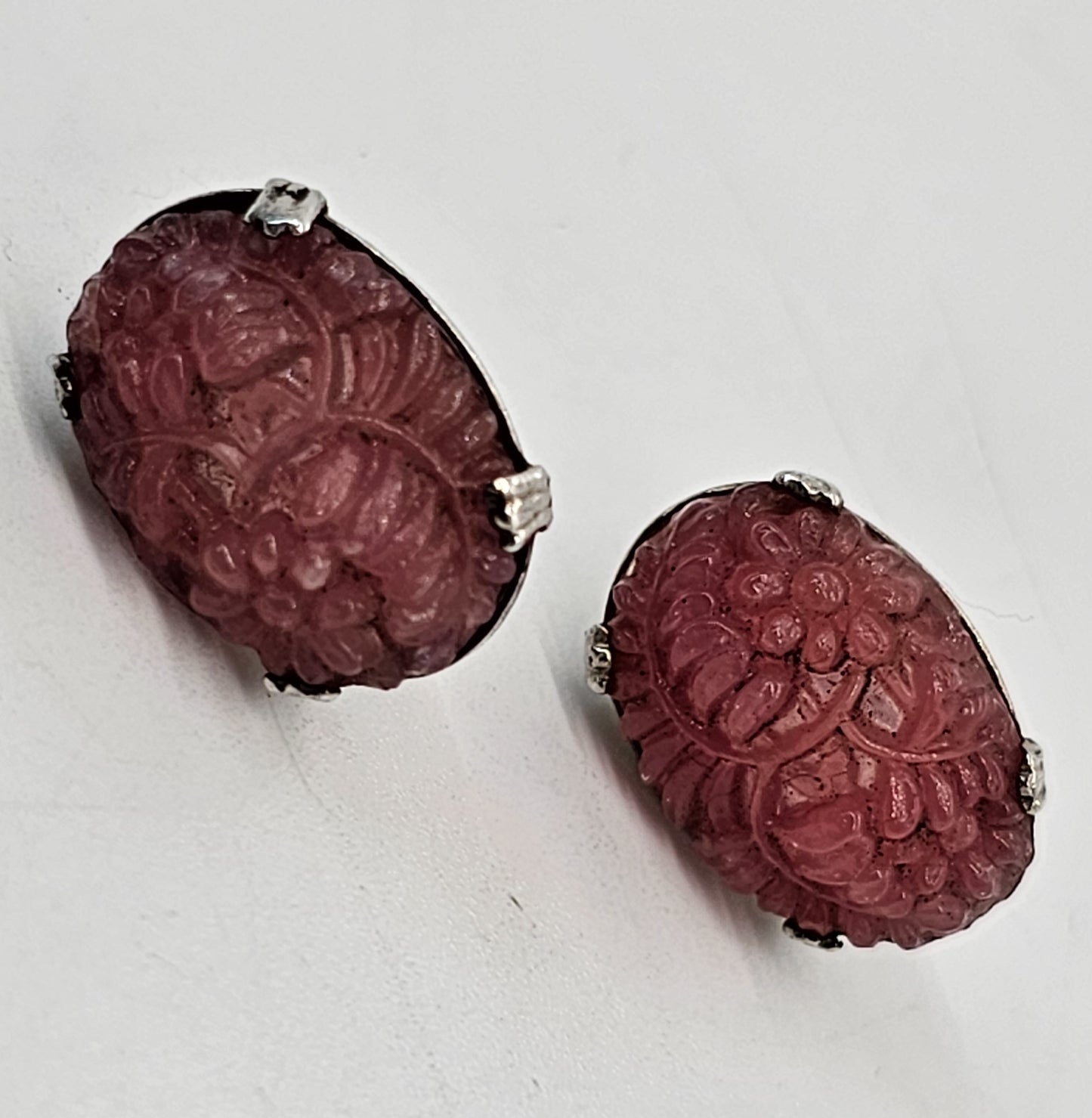 Pink Molded Czech glass vintage screw back sterling silver earrings