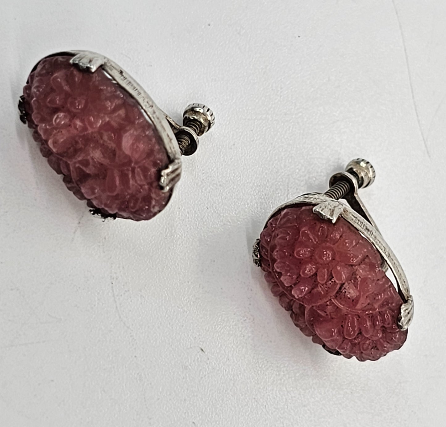 Pink Molded Czech glass vintage screw back sterling silver earrings