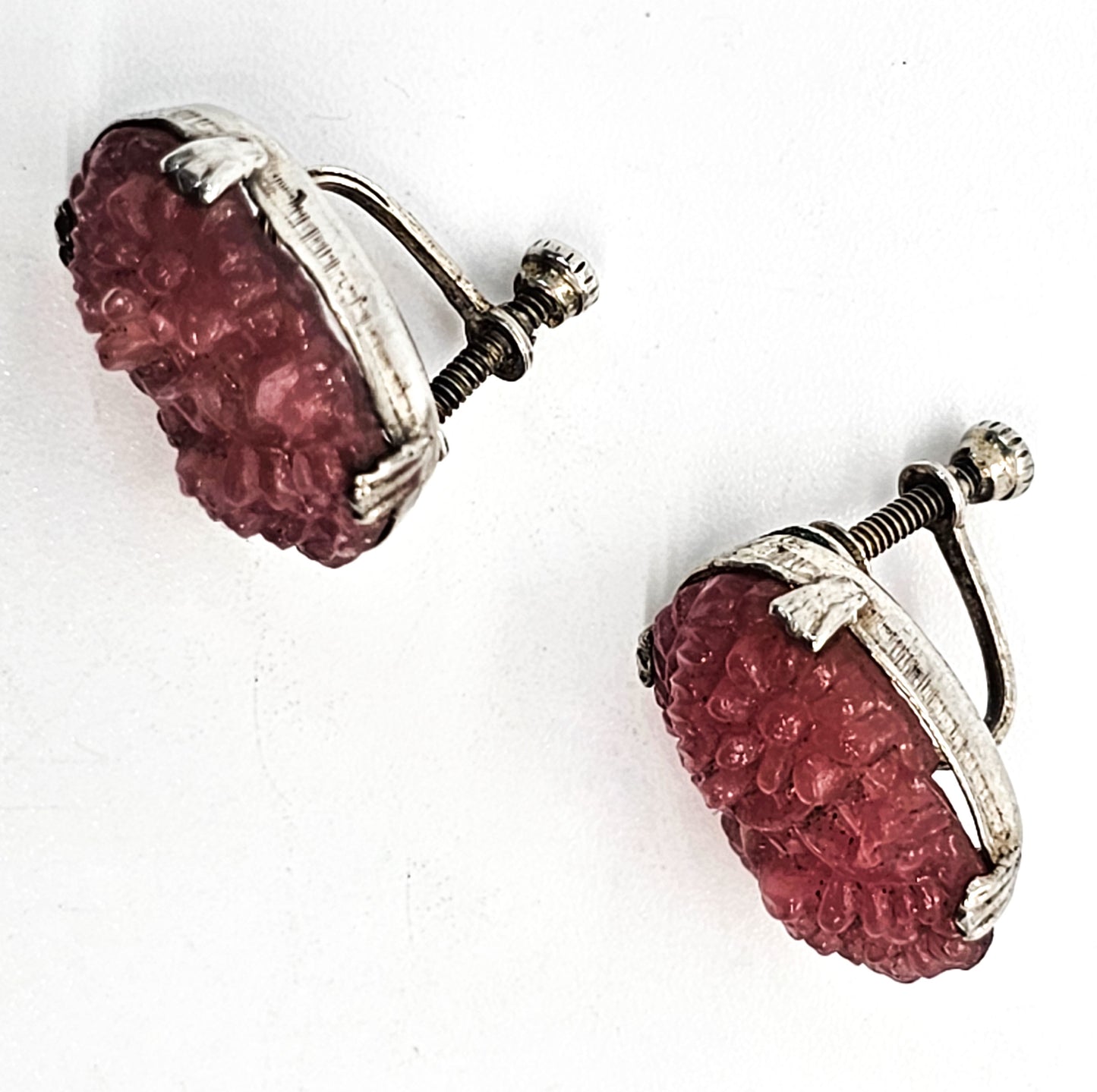 Pink Molded Czech glass vintage screw back sterling silver earrings