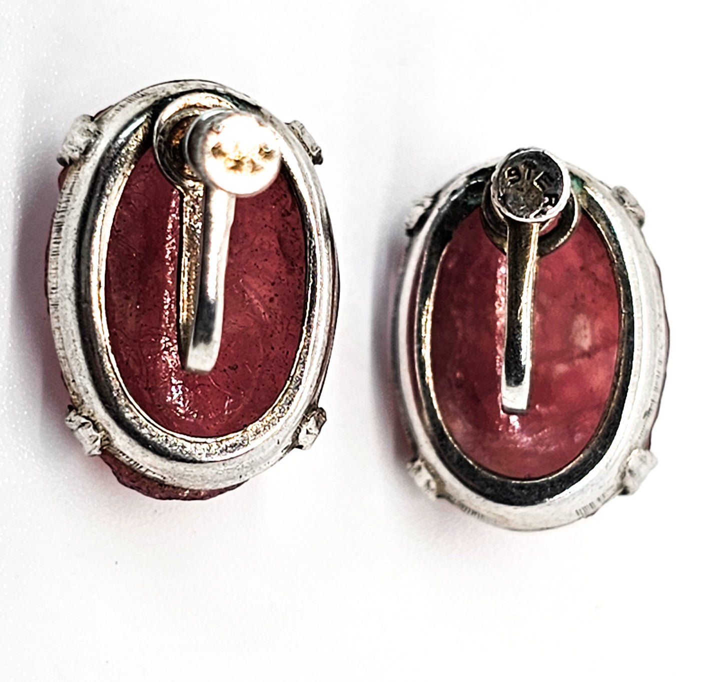 Pink Molded Czech glass vintage screw back sterling silver earrings
