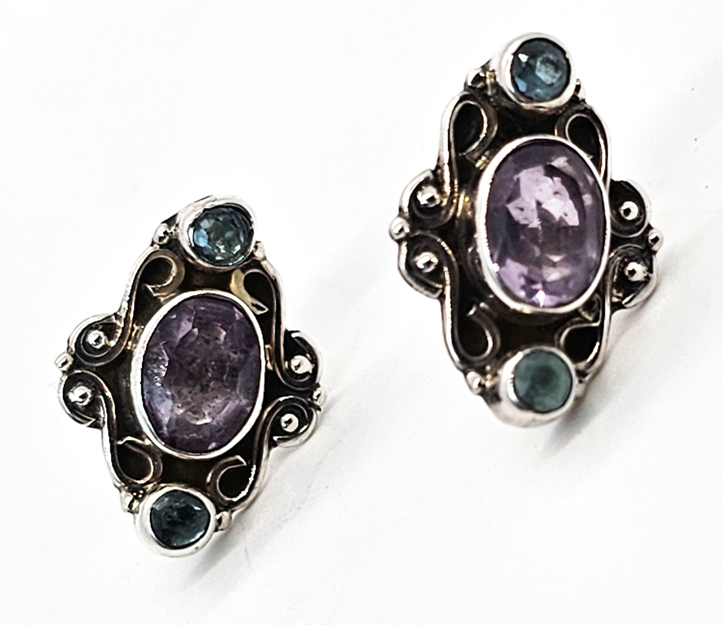 Amethyst and blue topaz Balinese scroll sterling silver stud earrings