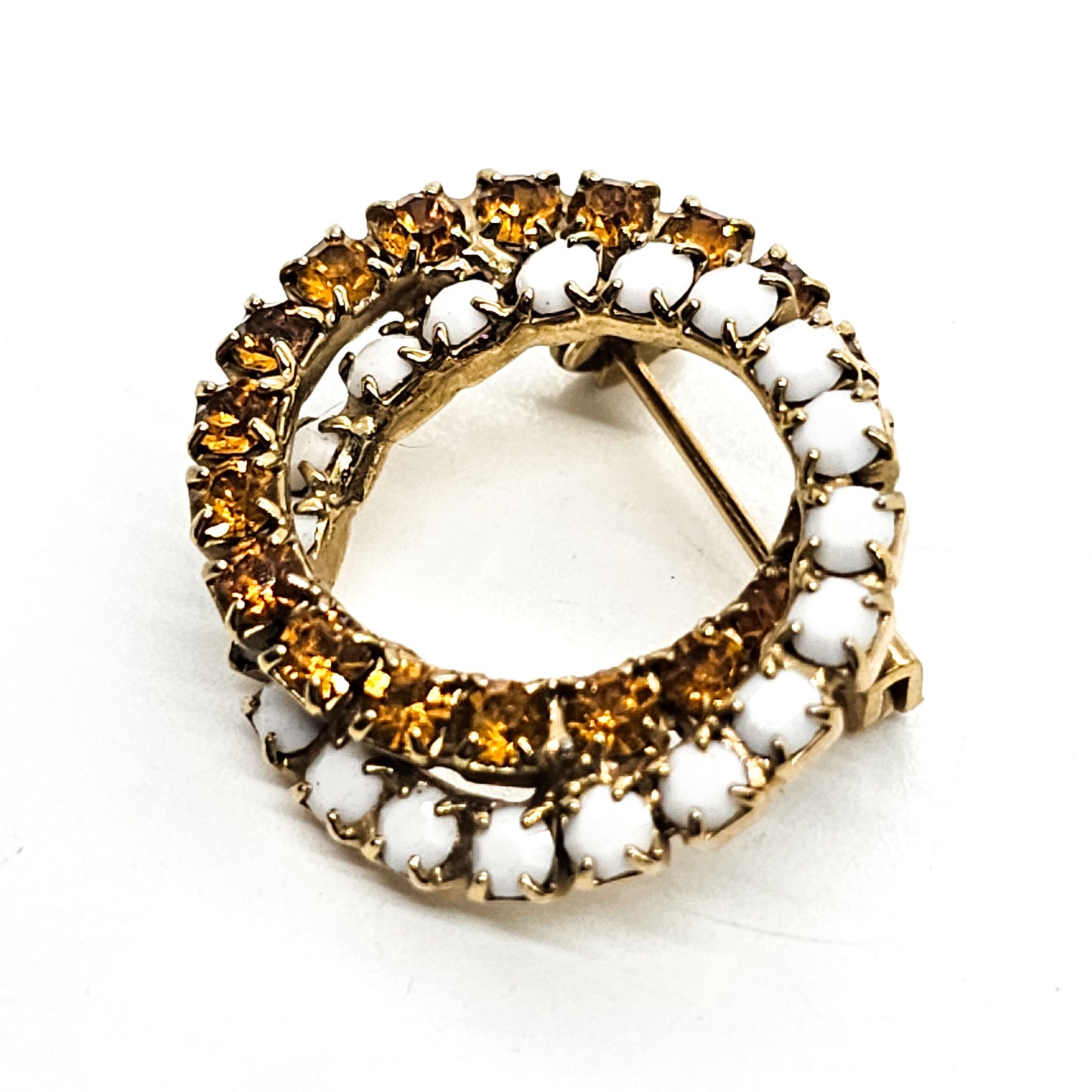 Orange and white milk glass double circle vintage mid century brooch