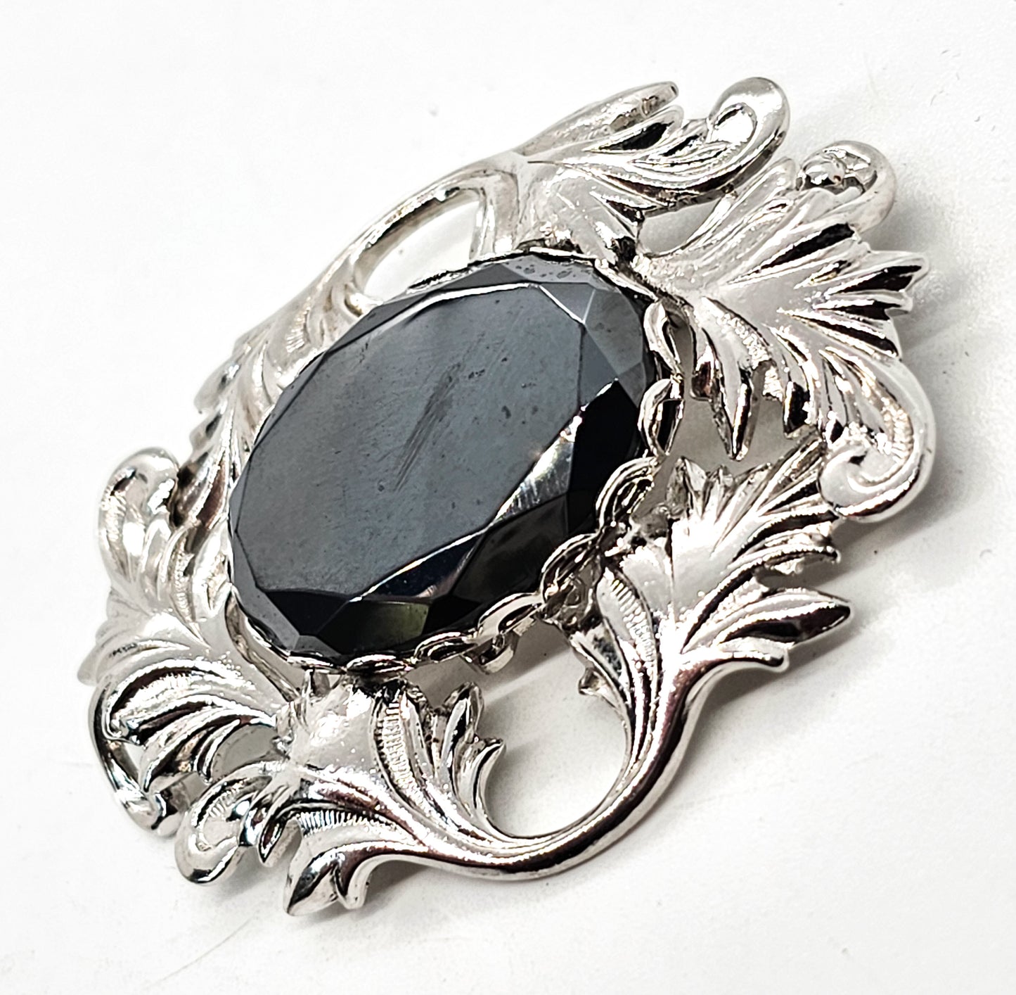 Hematite large faceted gray stone rhodium plated mid century vintage brooch