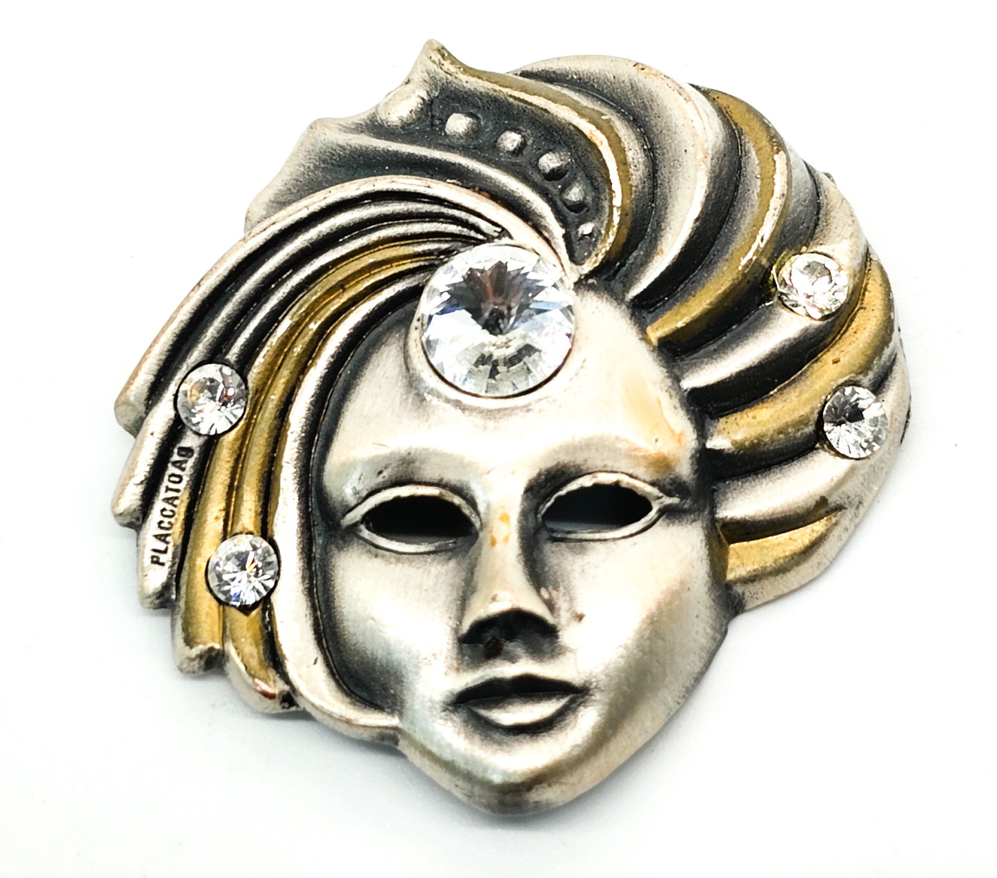 Placcato Ag Carnival mask pewter bronze vintage rhinestone brooch