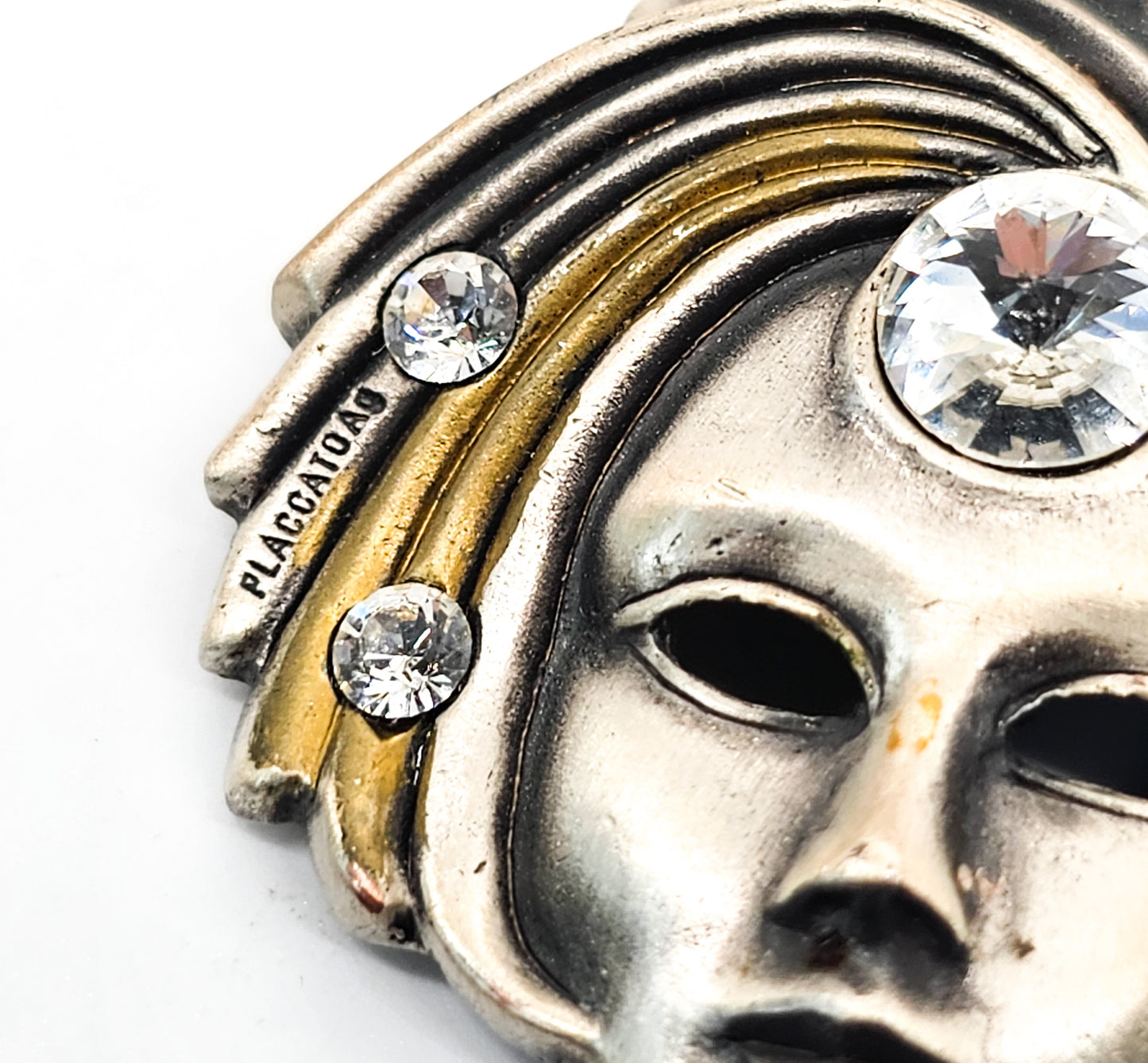 Placcato Ag Carnival mask pewter bronze vintage rhinestone brooch