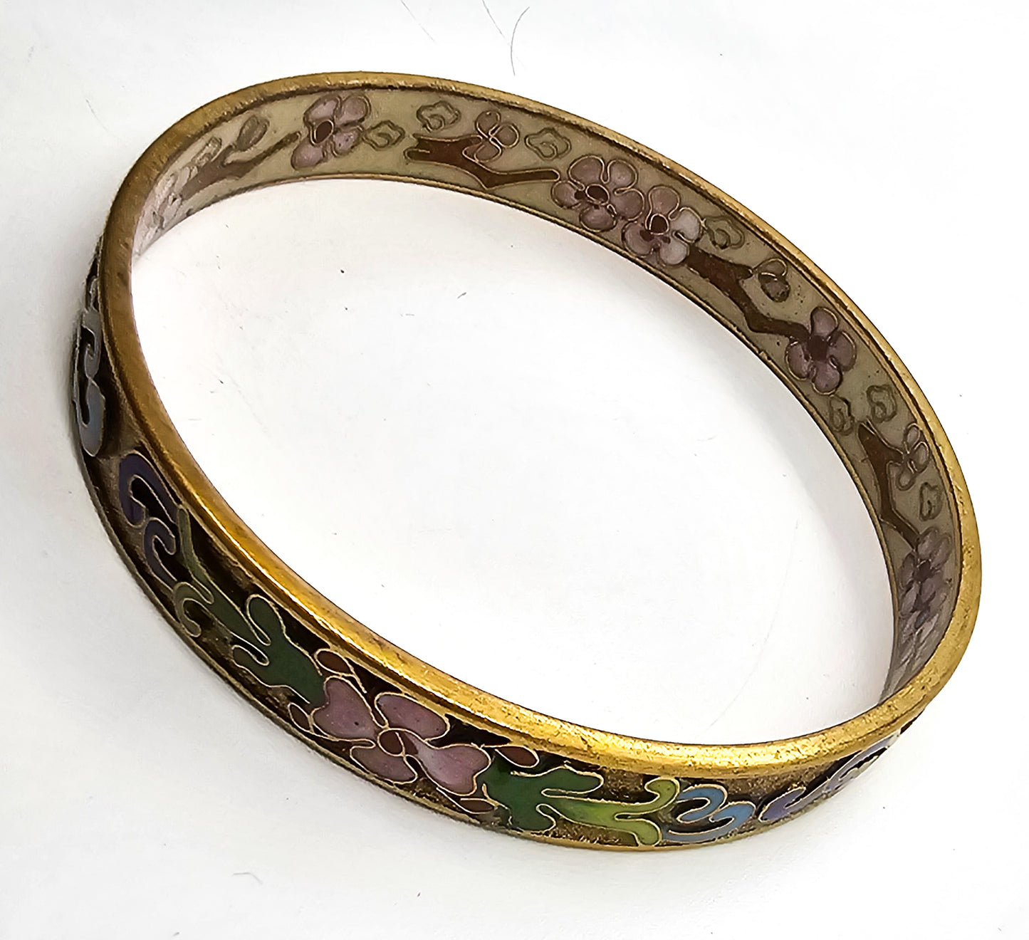 Chinese Cloisonne enamel painted textured lotus flower bangle bracelet