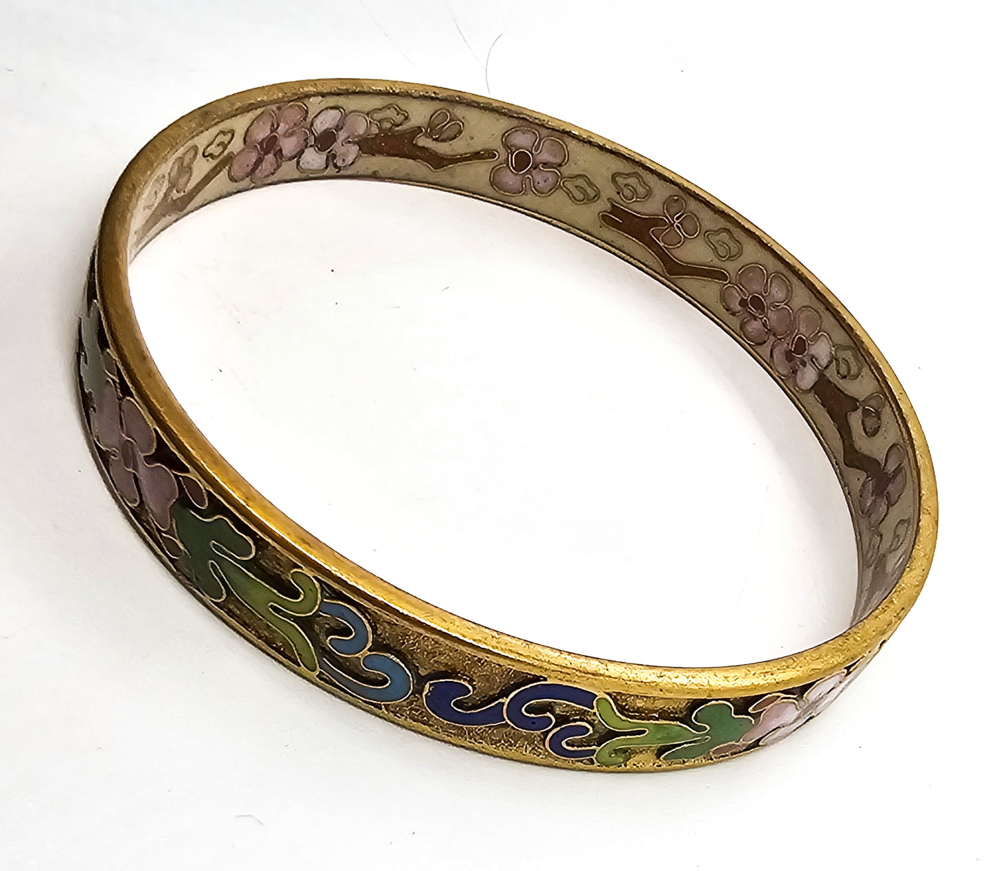 Chinese Cloisonne enamel painted textured lotus flower bangle bracelet