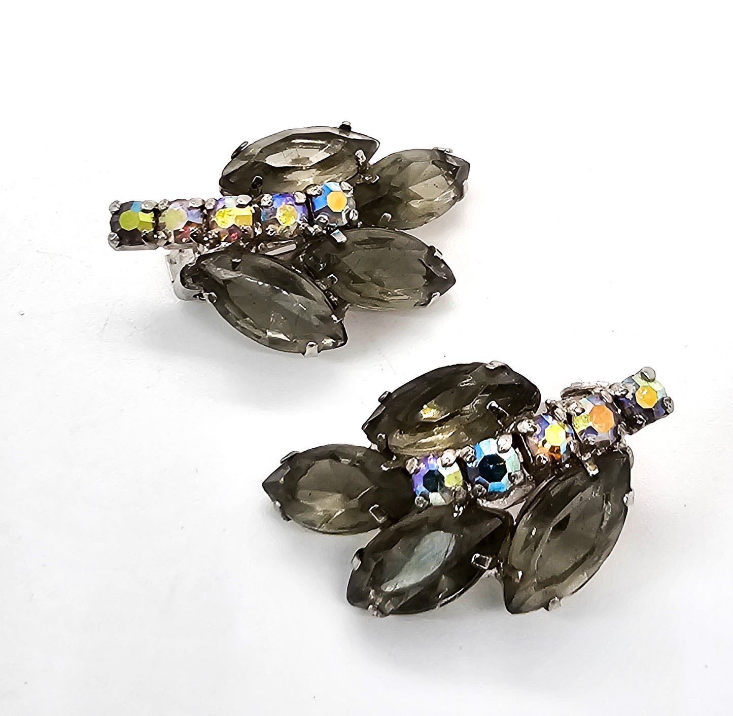 Smokey grey leaf Aurora Borealis mid century vintage clip on earrings