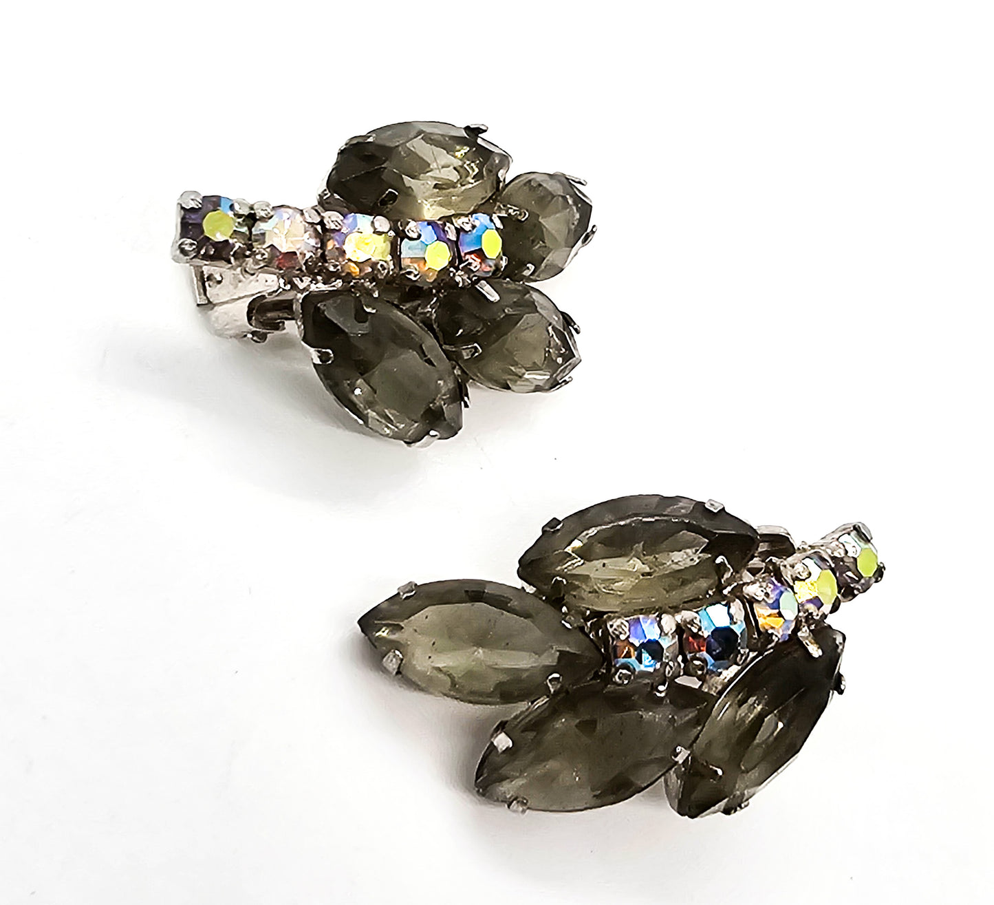 Smokey grey leaf Aurora Borealis mid century vintage clip on earrings