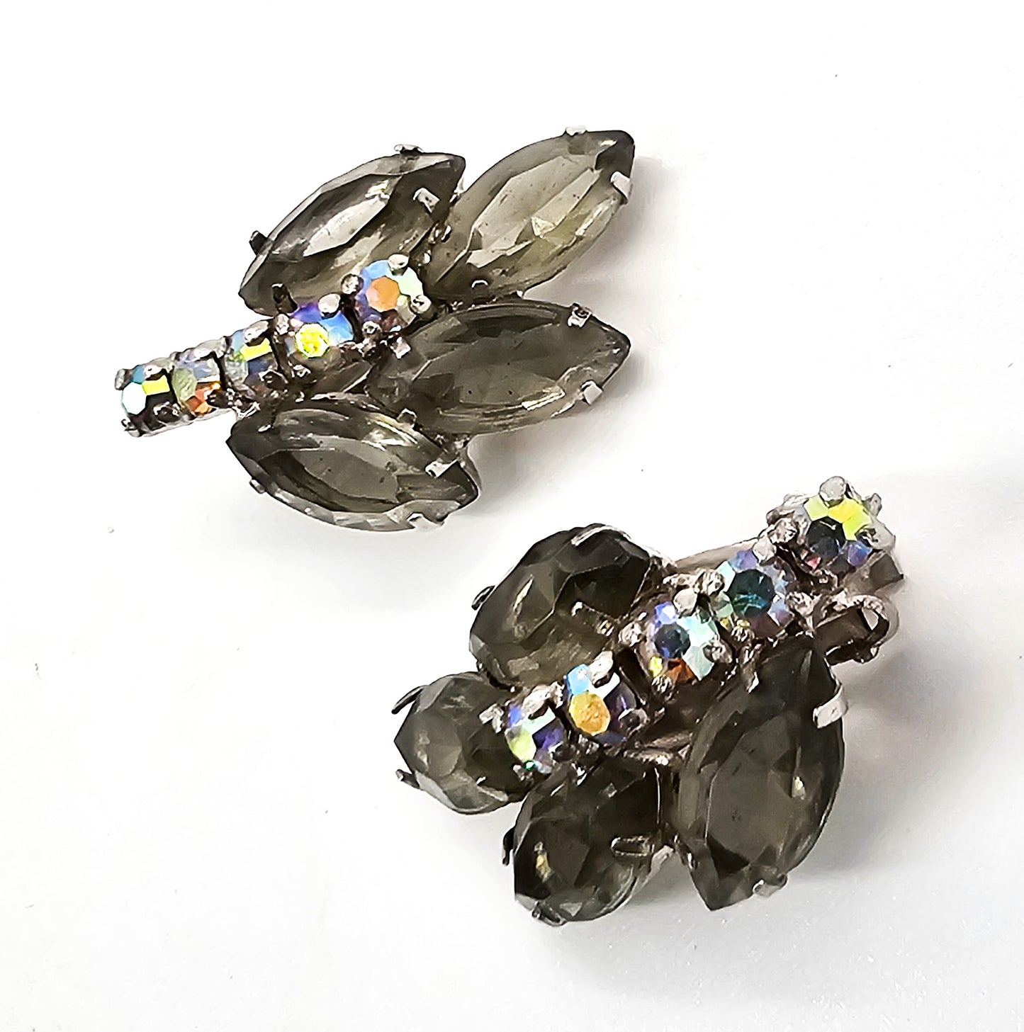Smokey grey leaf Aurora Borealis mid century vintage clip on earrings