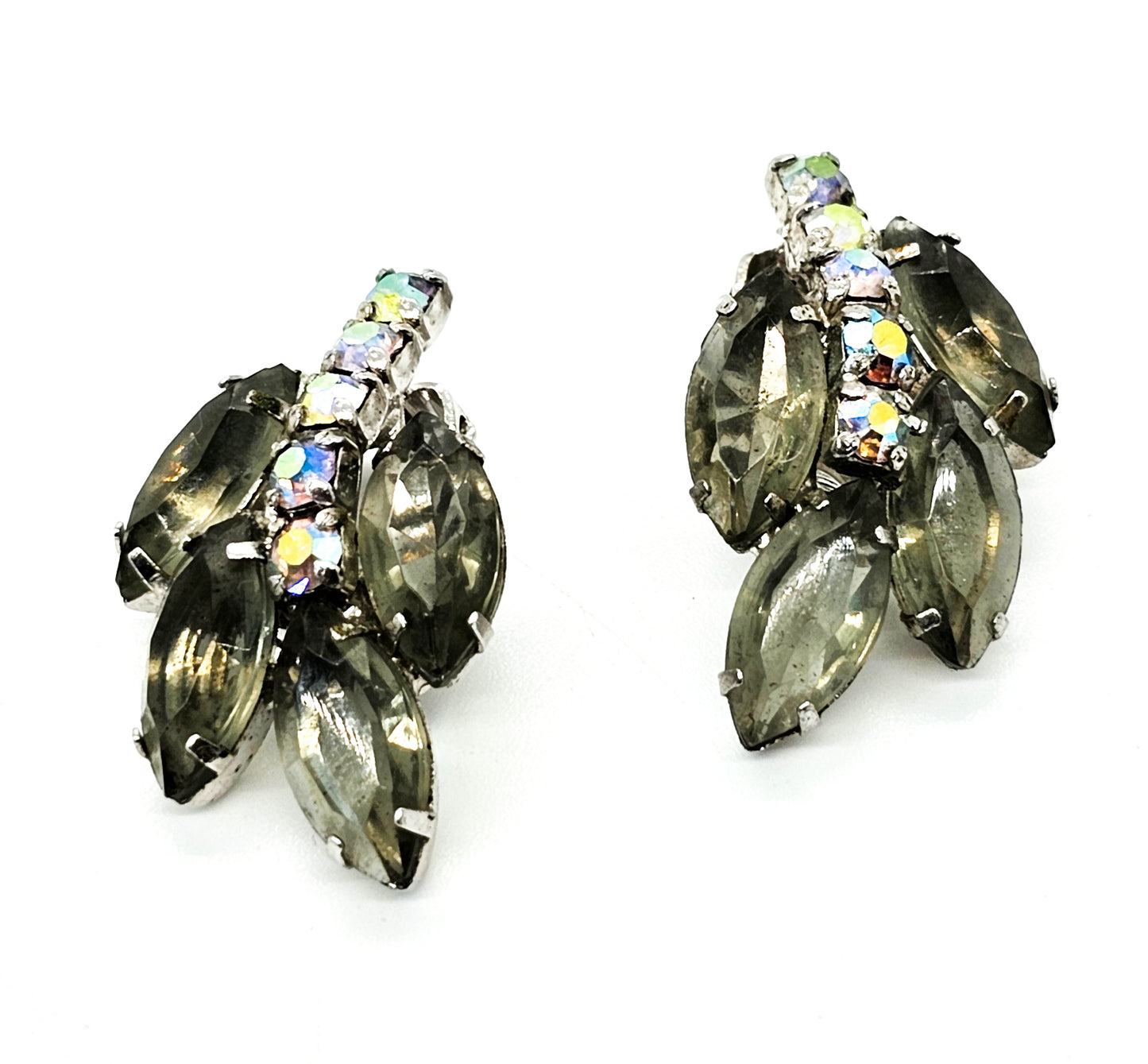 Smokey grey leaf Aurora Borealis mid century vintage clip on earrings