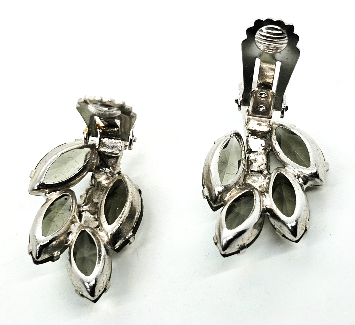 Smokey grey leaf Aurora Borealis mid century vintage clip on earrings