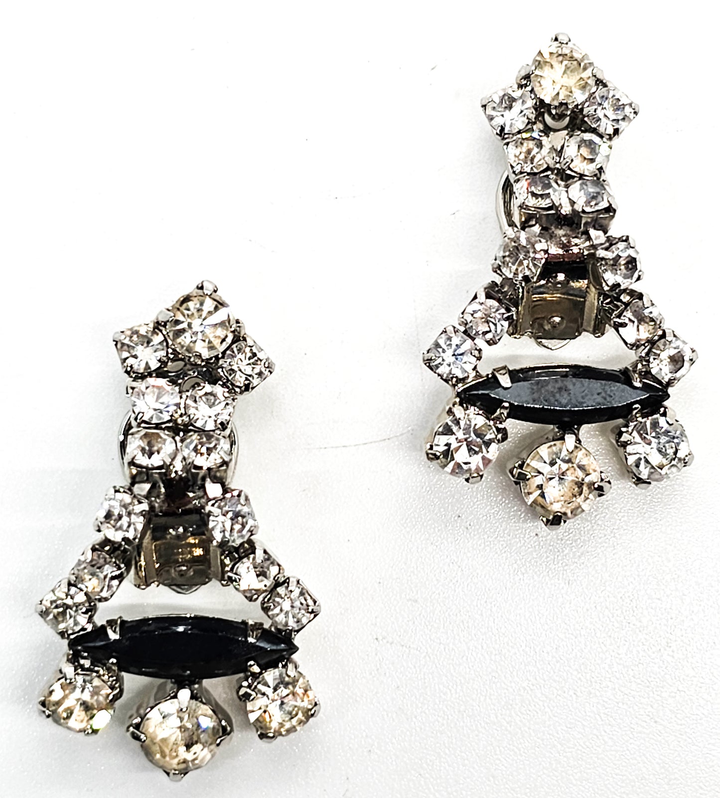 Hematite clear rhinestone articulated drop vintage mid century clip on earrings