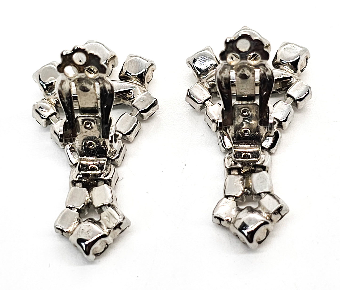 Hematite clear rhinestone articulated drop vintage mid century clip on earrings
