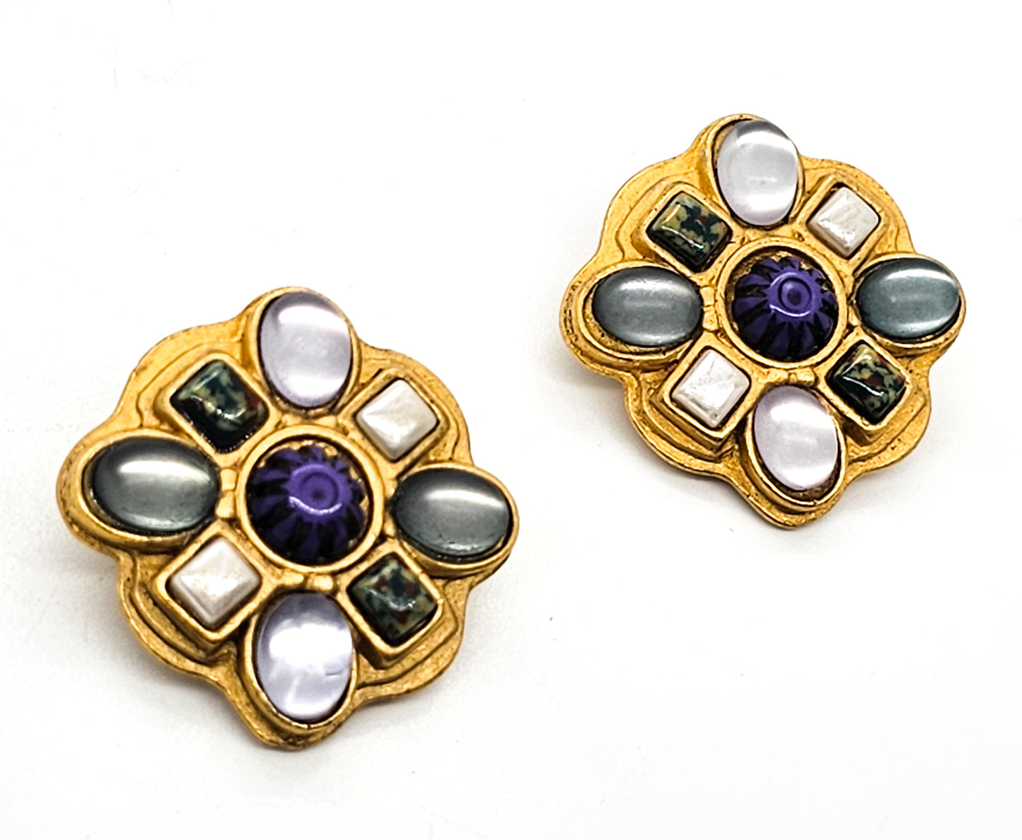 Blue uranium and satin glass vintage multi cab clip on earrings