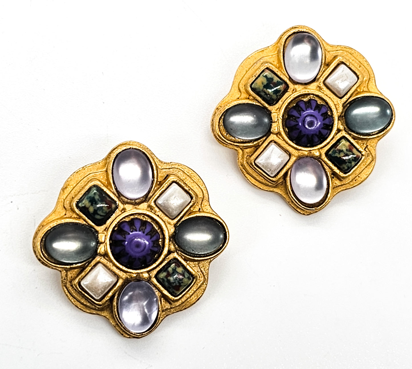 Blue uranium and satin glass vintage multi cab clip on earrings