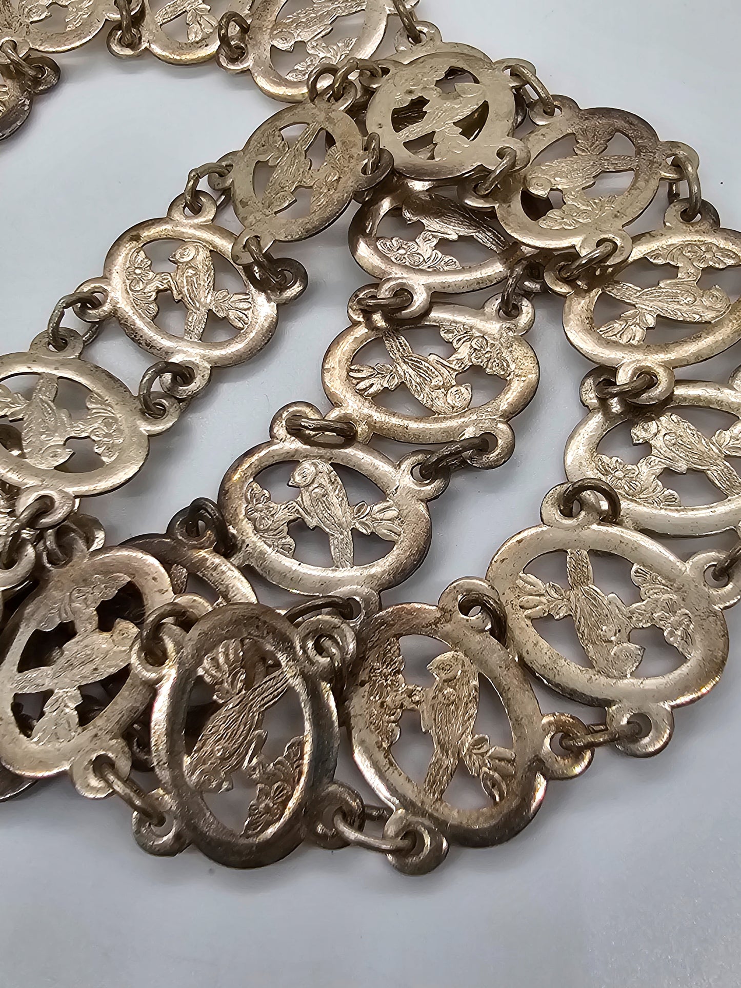 Straits Peranakan Antique Asian silver plated bird panel belt with buckle 36 inches