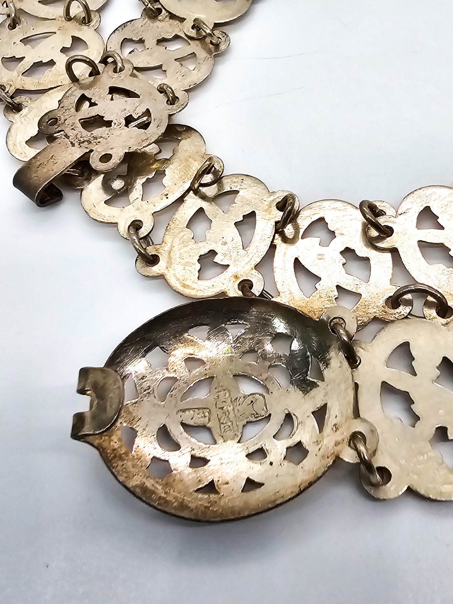 Straits Peranakan Antique Asian silver plated bird panel belt with buckle 36 inches