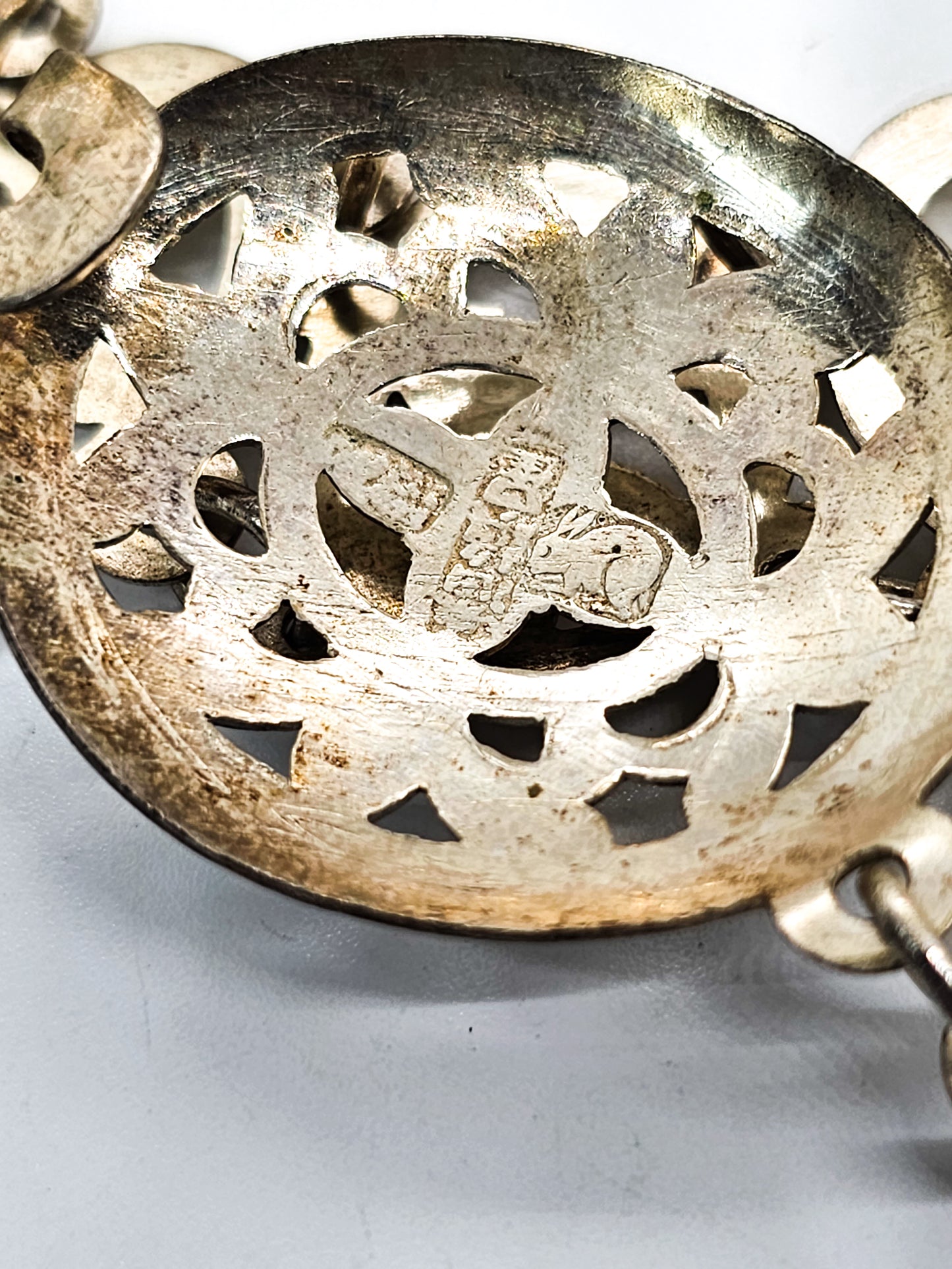 Straits Peranakan Antique Asian silver plated bird panel belt with buckle 36 inches