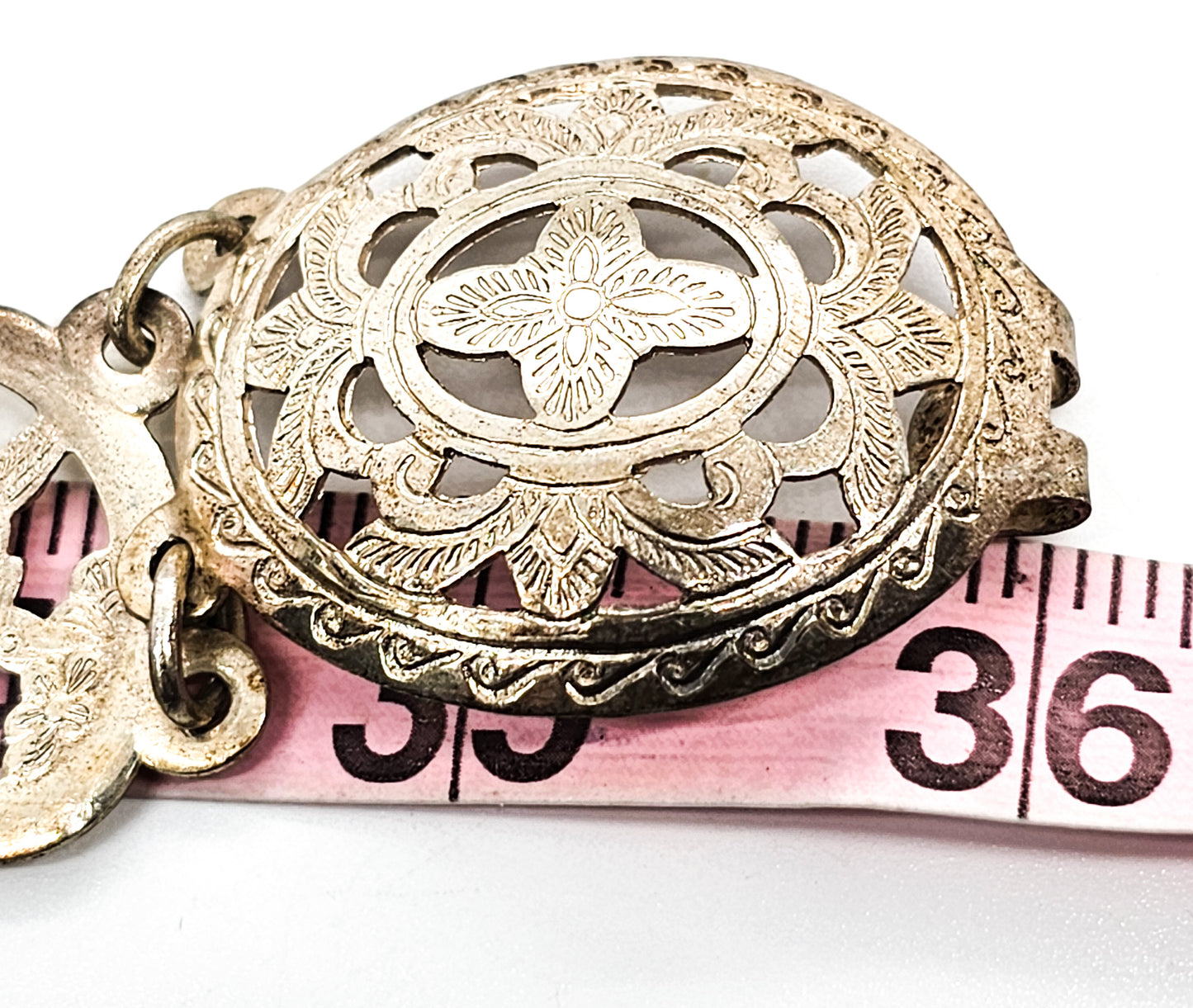 Straits Peranakan Antique Asian silver plated bird panel belt with buckle 36 inches