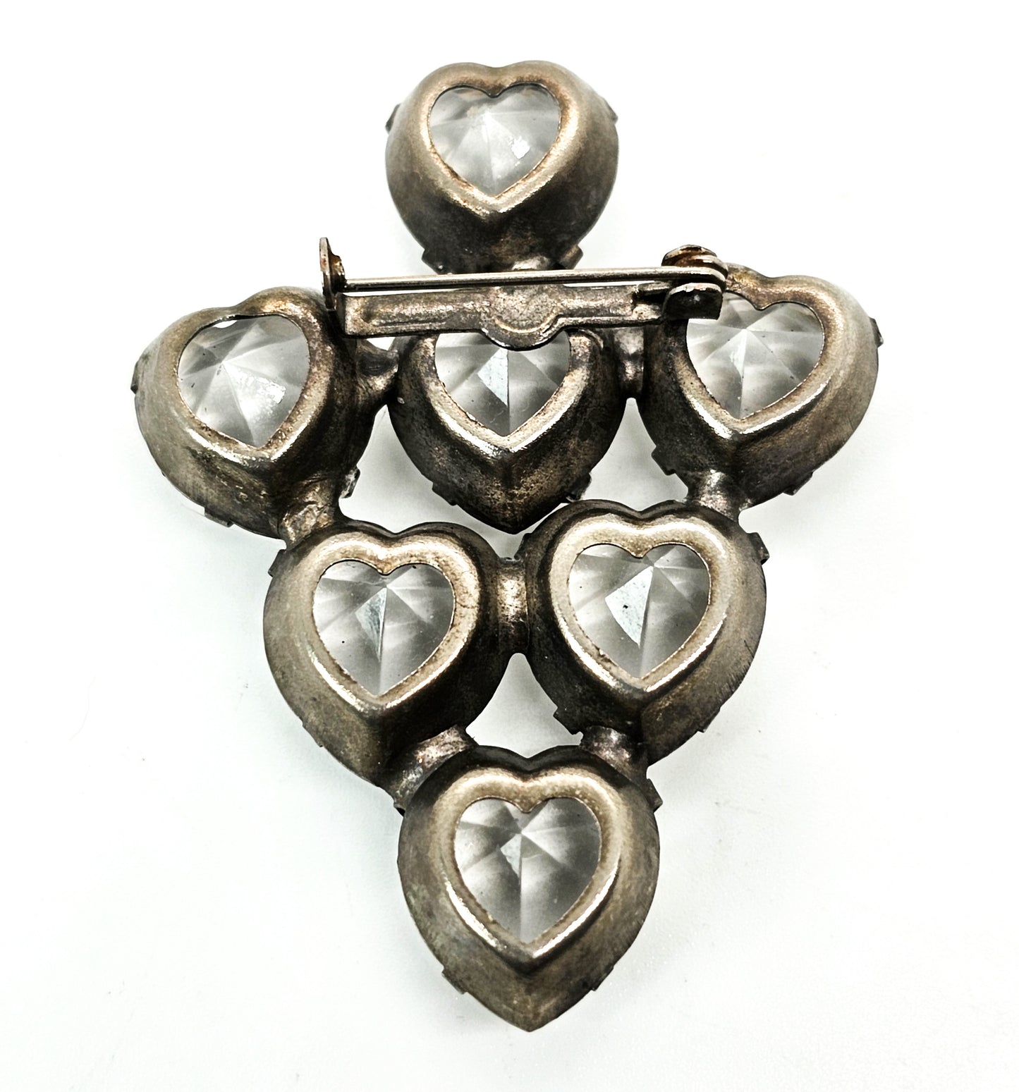 Clear heart faceted open work vintage prong set rhinestone cluster brooch